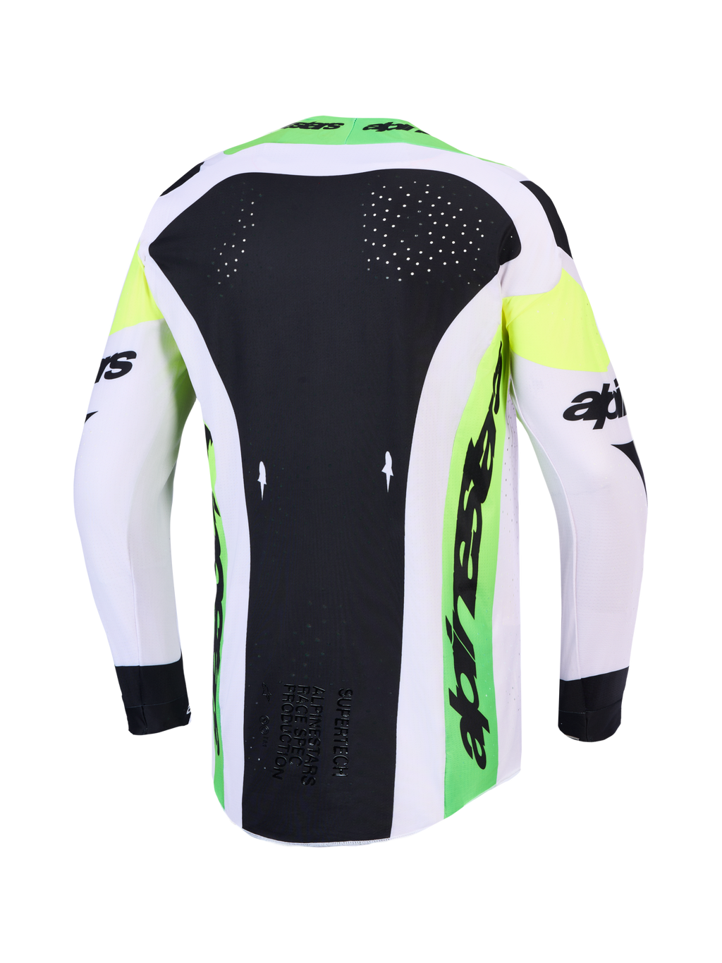 Maillot Alpinestars Supertech Dyna 2027 et ensemble MX, haut vert et noir avec ventilation dorsale découpée au laser.