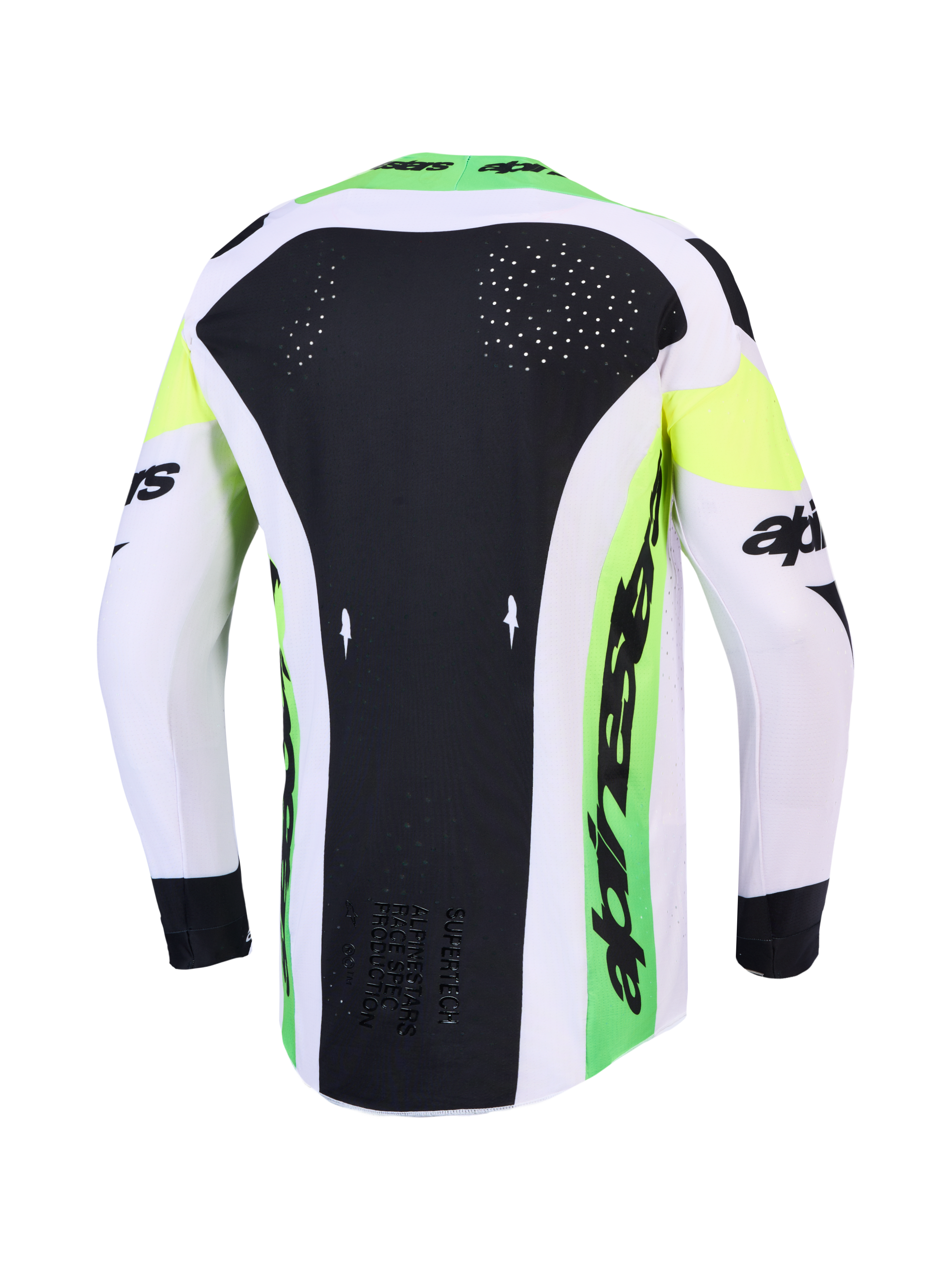 Maillot Alpinestars Supertech Dyna 2027 et ensemble MX, haut vert et noir avec ventilation dorsale découpée au laser.
