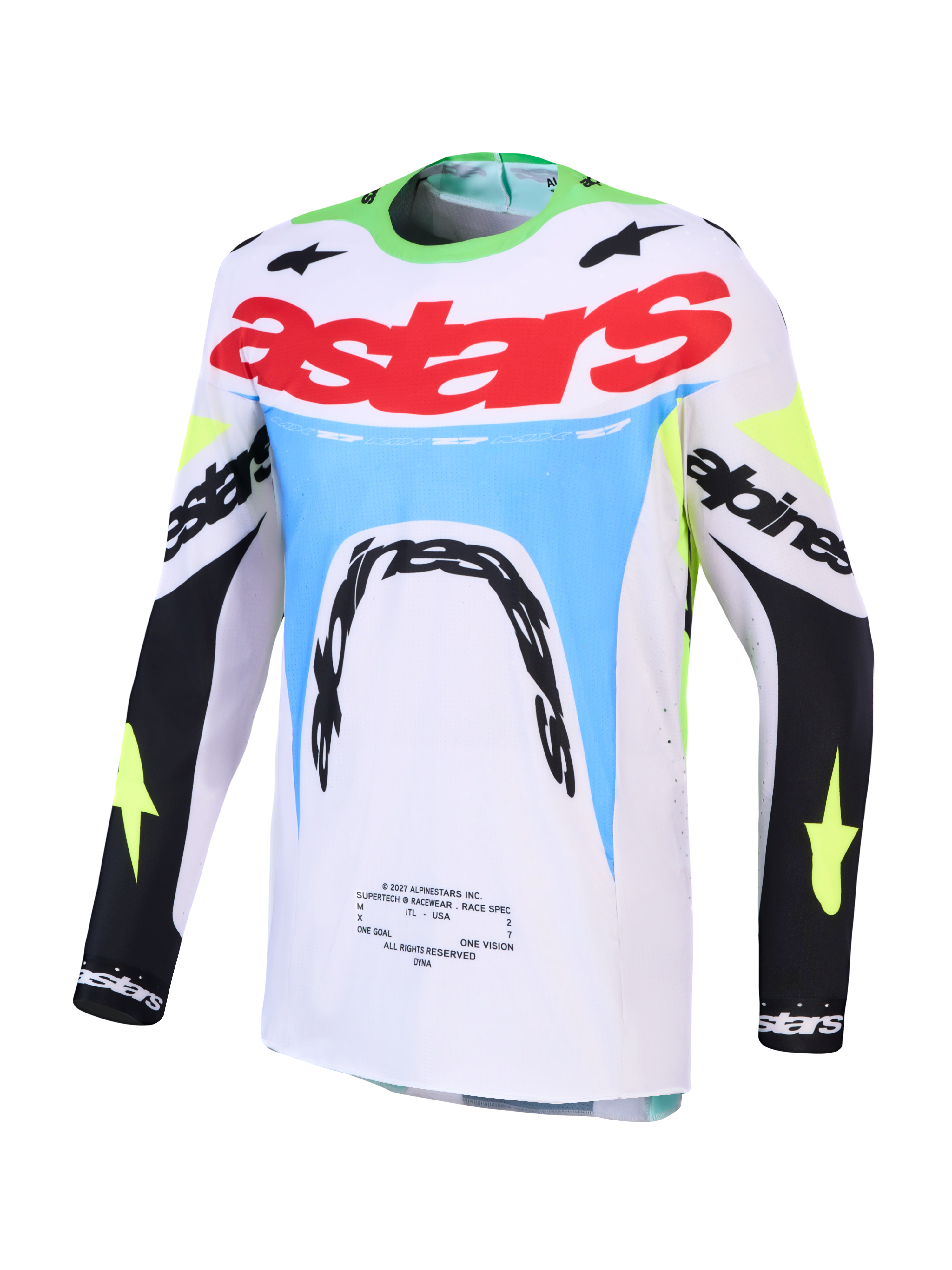 Alpinestars Supertech Dyna 2027, maillot de motocross pour homme, blanc et vert fluo, mesh extensible et coupe athlétique.