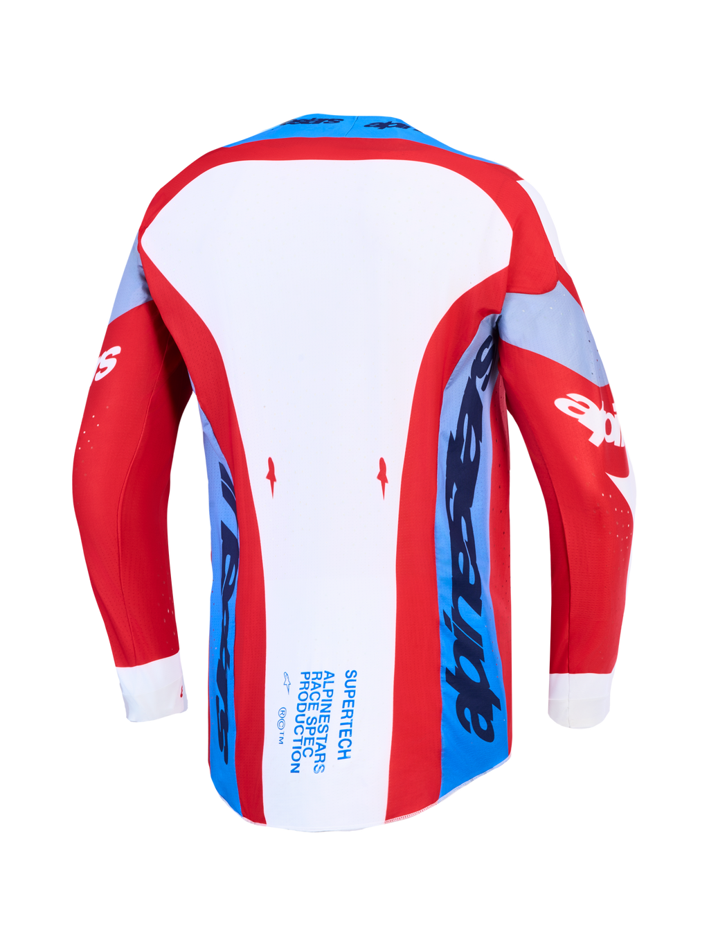 Maillot Alpinestars Supertech Dyna, maillot de motocross rouge, blanc et bleu marine, vue de dos avec ourlet arrière allongé.