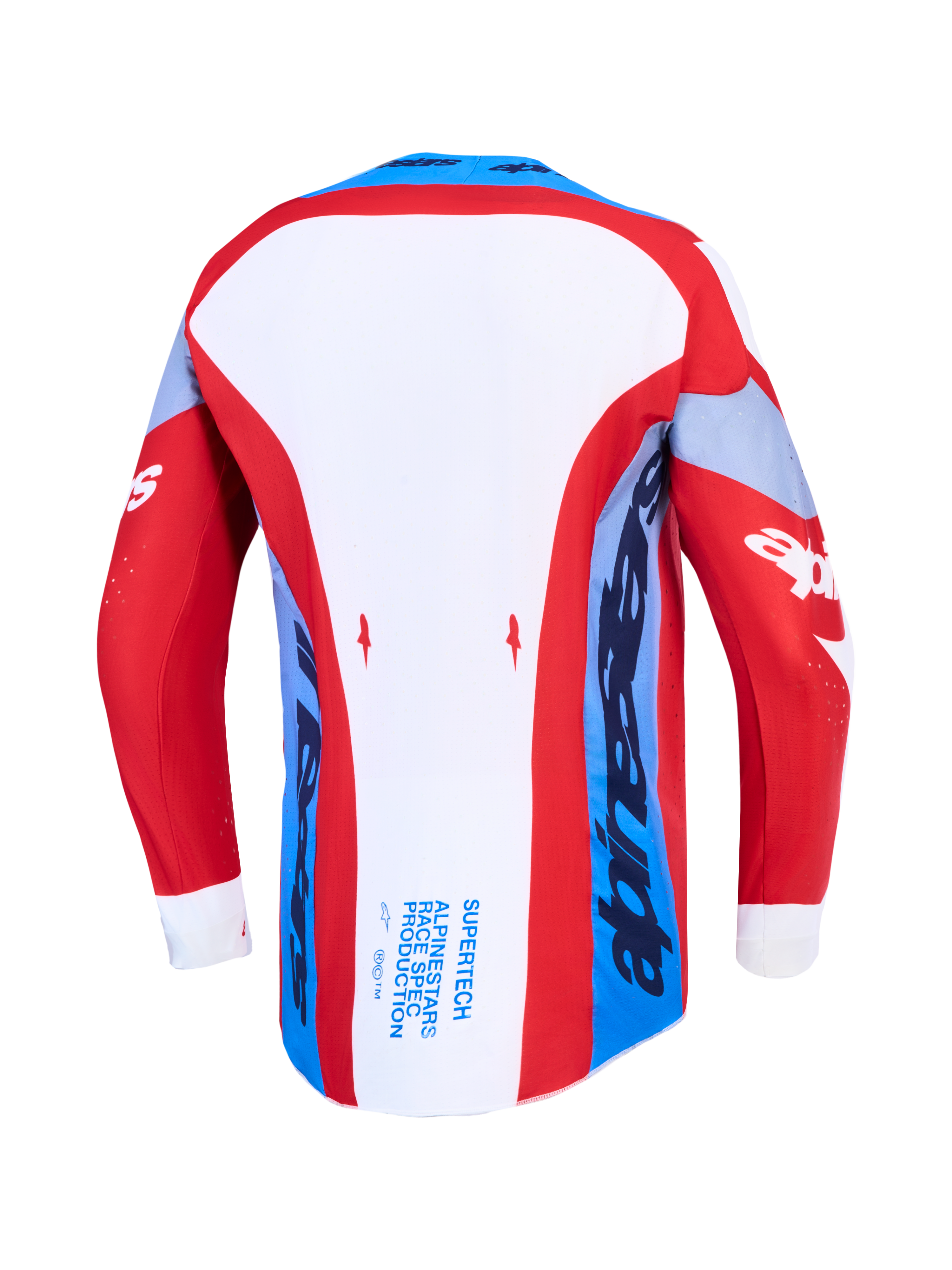 Maillot Alpinestars Supertech Dyna, maillot de motocross rouge, blanc et bleu marine, vue de dos avec ourlet arrière allongé.