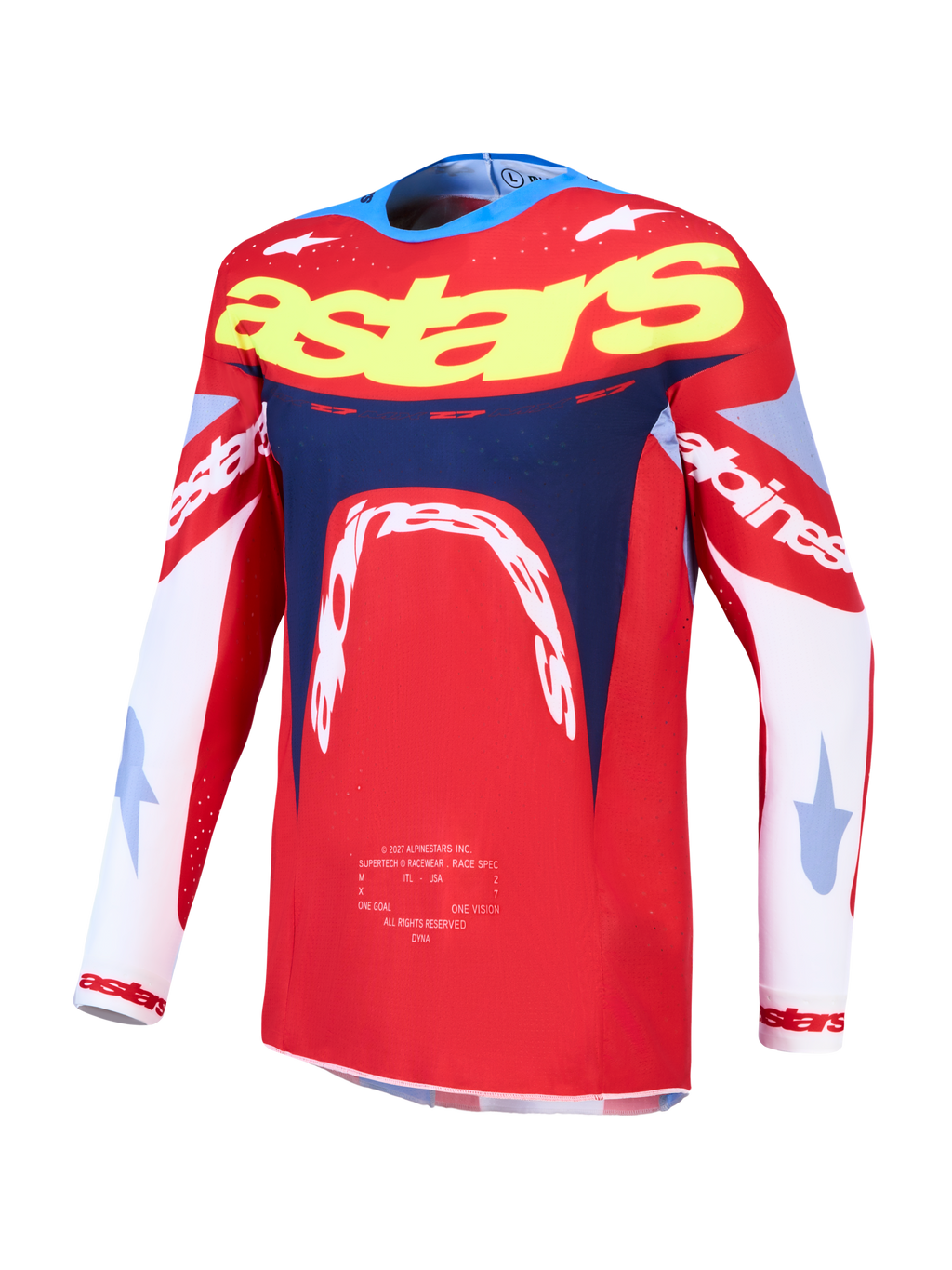 Alpinestars Supertech Dyna, maillot de motocross homme, rouge et bleu marine, maille extensible légère, coupe athlétique.
