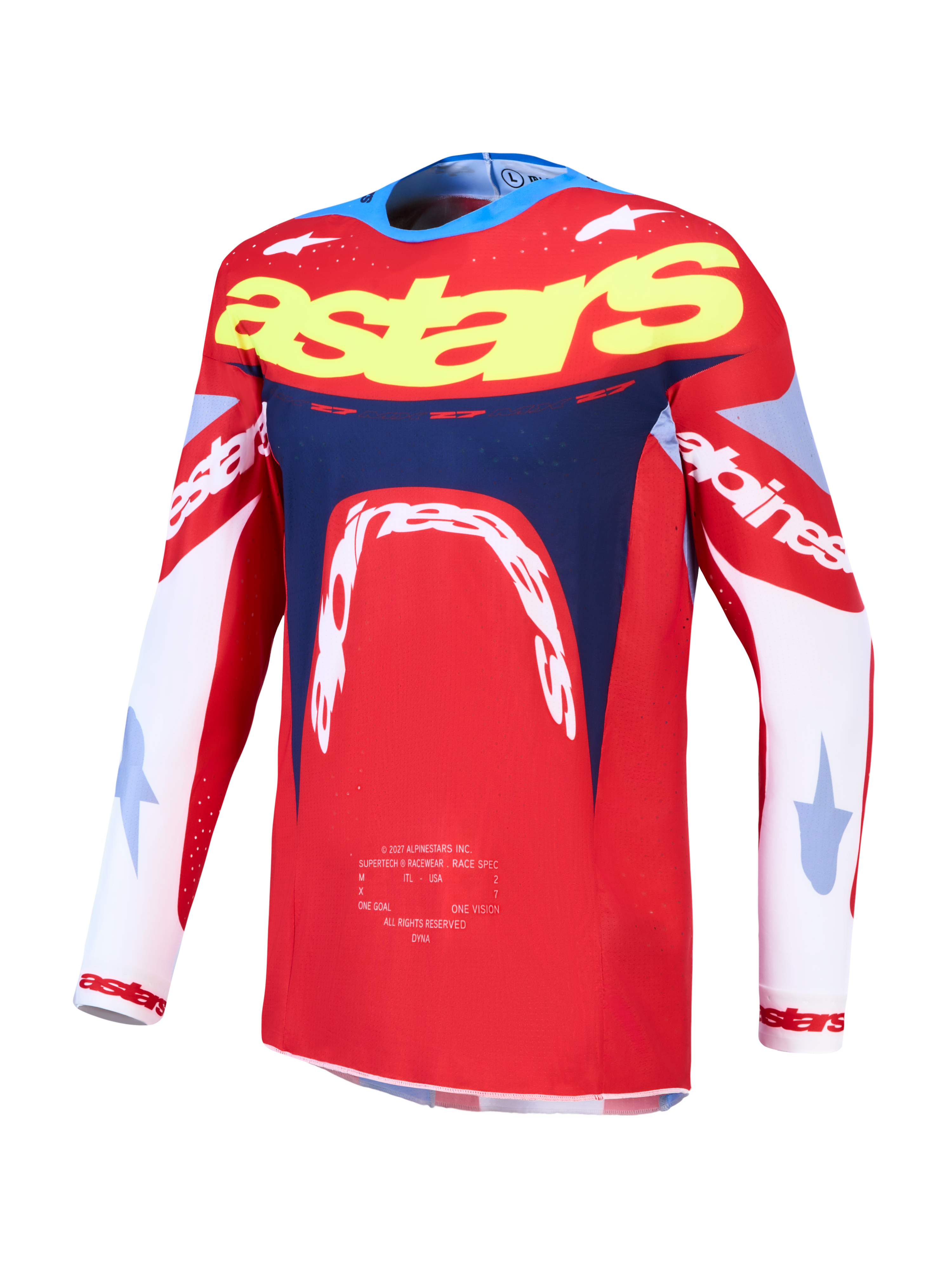 Alpinestars Supertech Dyna, maillot de motocross homme, rouge et bleu marine, maille extensible légère, coupe athlétique.
