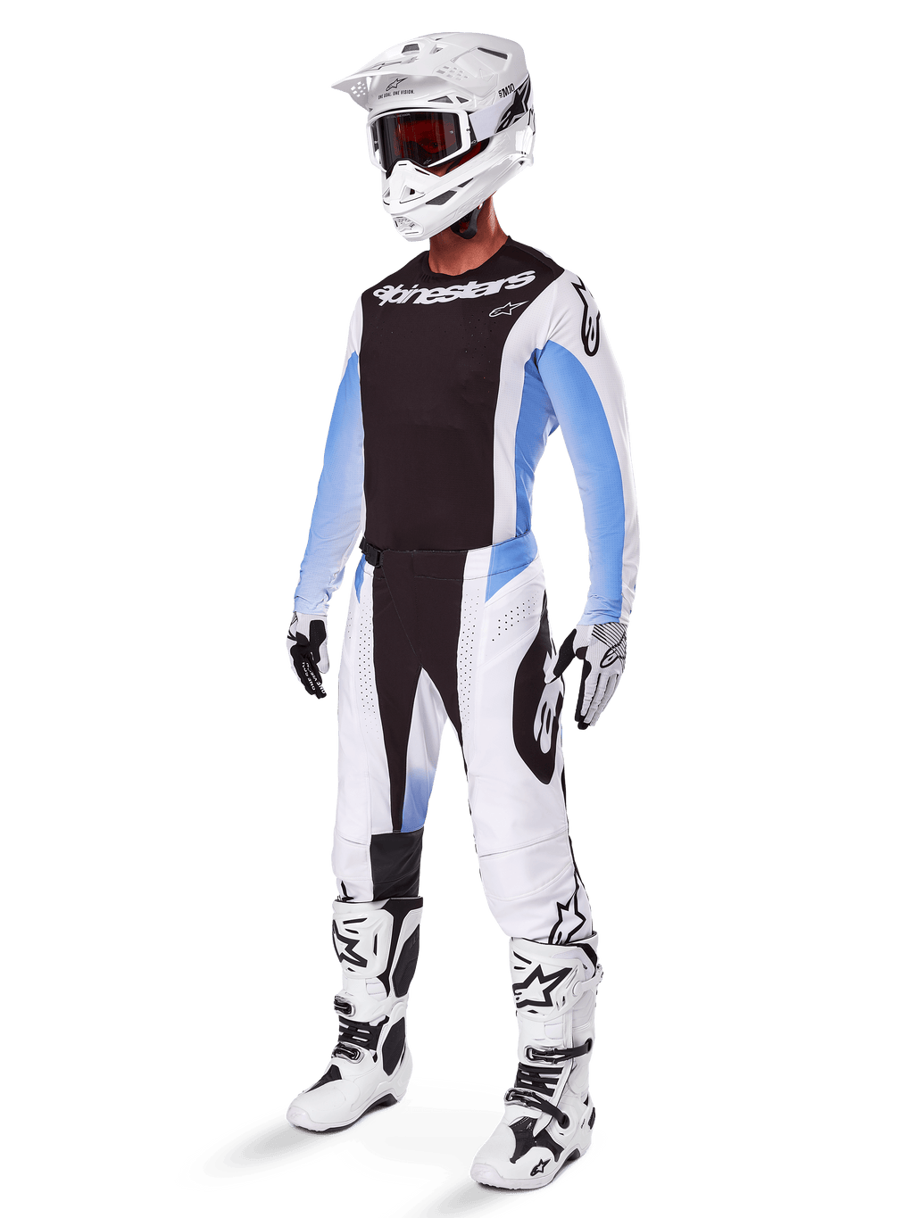 Set d'équipement Techstar Melt 2025, tenue de motocross complète, maillot noir avec manches blanches et bleues, pantalon blanc avec accents noirs et bleus, casque blanc, gants noirs et blancs, bottes blanches avec accents noirs, kit complet de protection MX