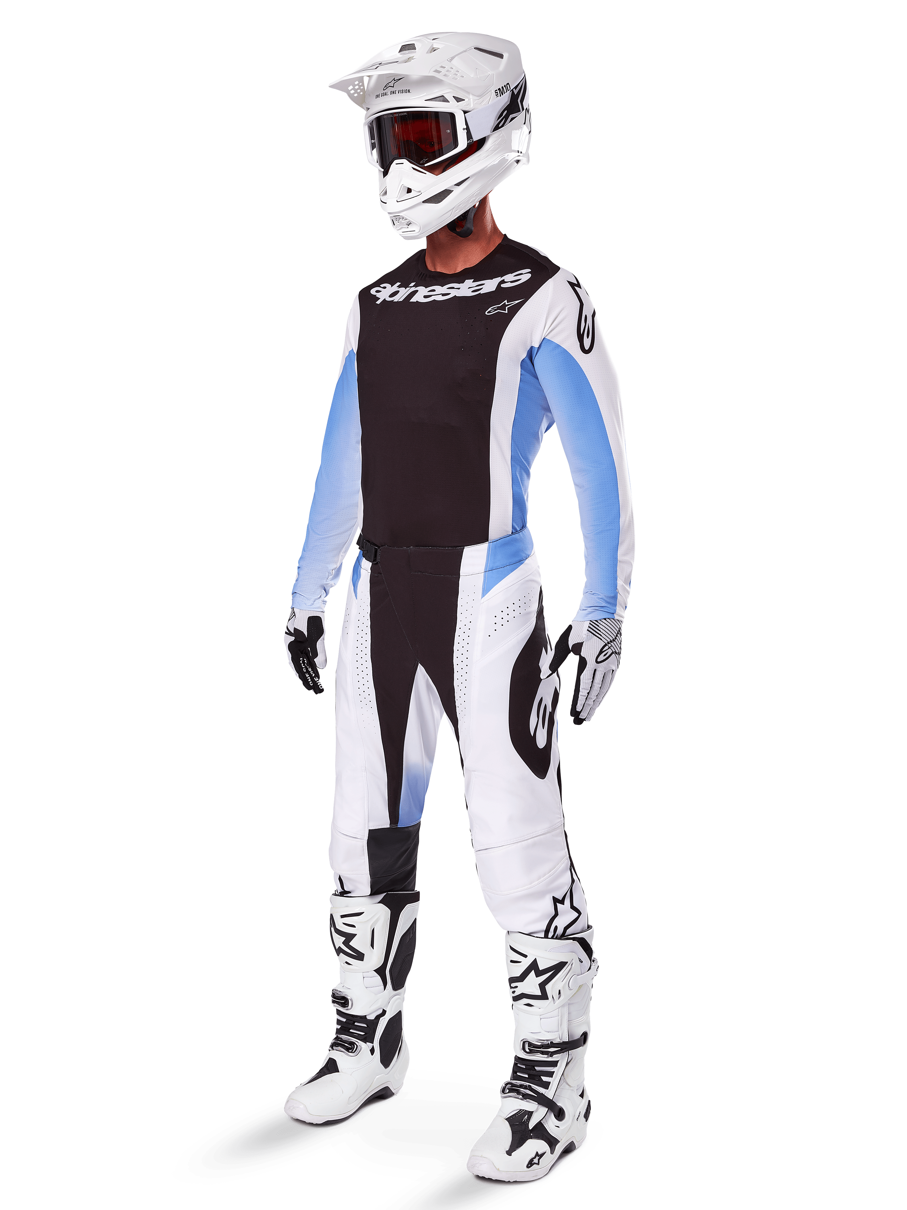 Set d'équipement Techstar Melt 2025, tenue de motocross complète, maillot noir avec manches blanches et bleues, pantalon blanc avec accents noirs et bleus, casque blanc, gants noirs et blancs, bottes blanches avec accents noirs, kit complet de protection MX