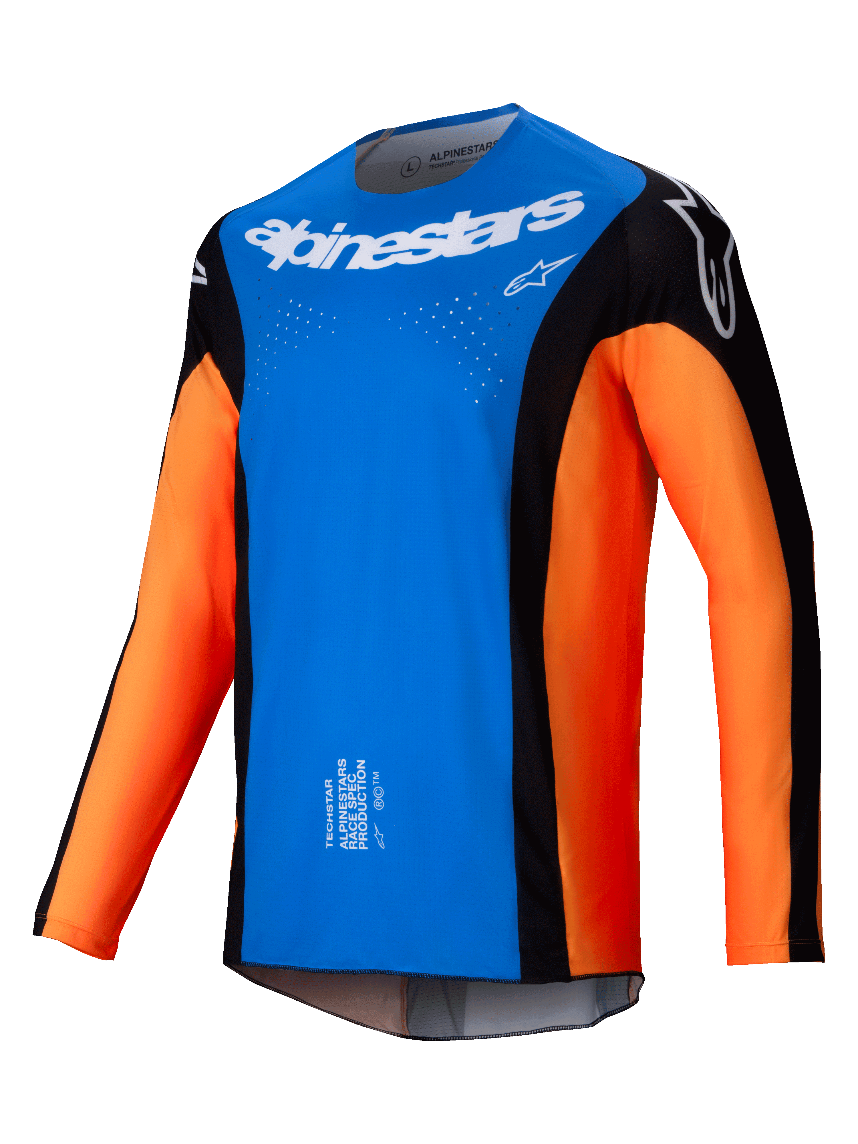 Maillot Alpinestars Techstar Melt 2025, maillot de motocross, bleu vif et orange avec empiècements noirs, logo Alpinestars blanc sur la poitrine, perforations de ventilation découpées au laser, conception technique à manches longues pour la course tout-terrain