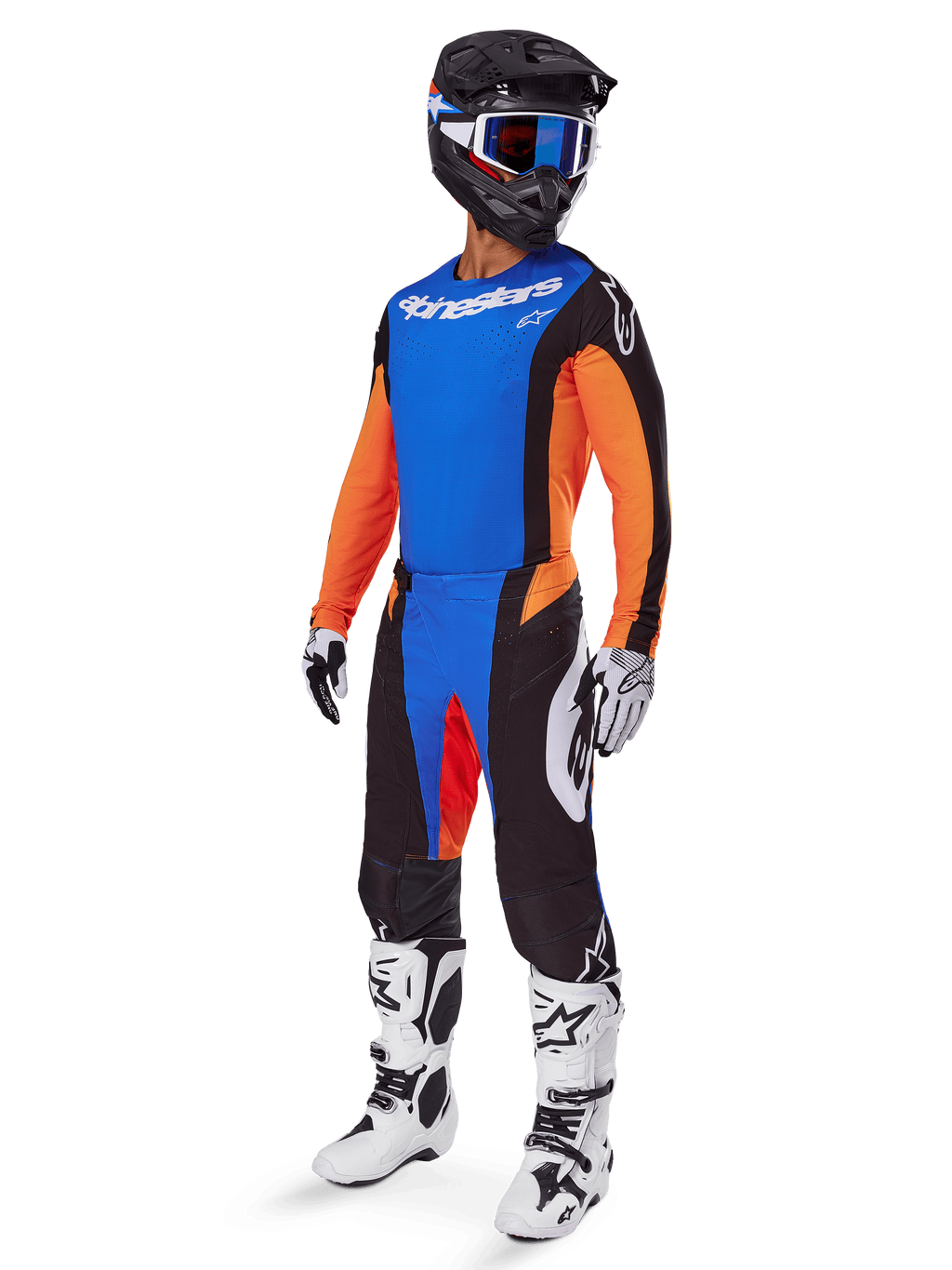 Ensemble d'équipement Techstar Melt 2025, tenue de motocross complète, maillot bleu avec manches orange, pantalon noir avec accents bleus et rouges, casque noir avec détails blancs et bleus, gants et bottes blancs avec motifs noirs, équipement de protection pour la course