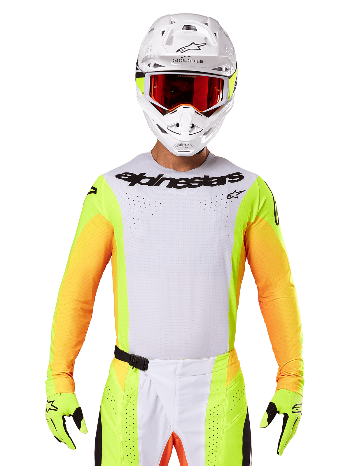 Maillot Alpinestars Techstar Melt 2025, équipement de motocross, torse blanc avec manches jaune néon et orange, pilote portant un casque blanc et des lunettes rouges, gants jaune néon avec logos noirs, coloris éclatant pour la performance tout-terrain