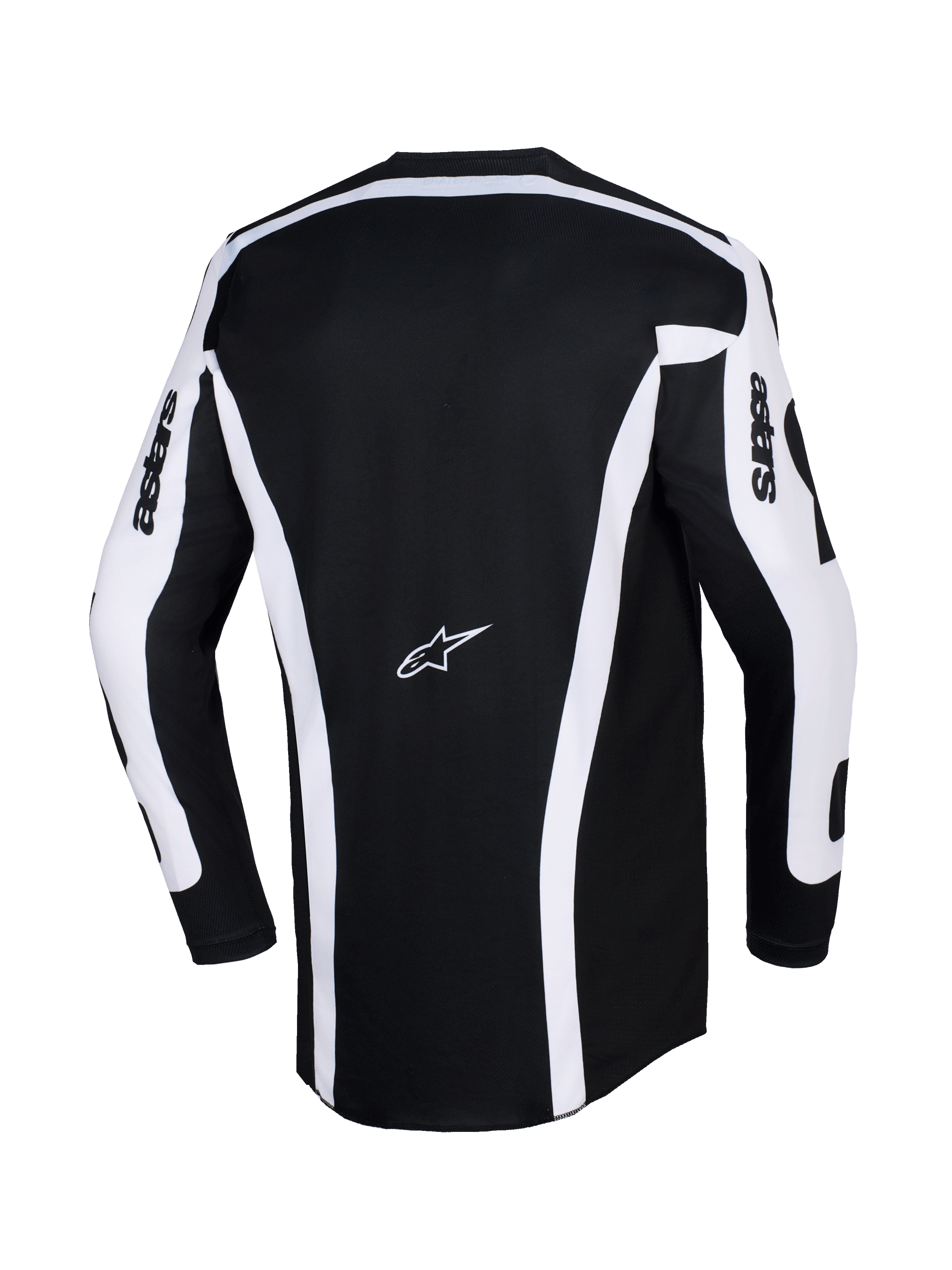 Maillot Alpinestars Racer Riway 2026, maillot de motocross, blanc et noir, vue arrière montrant le design noir avec des bandes verticales blanches et des empiècements sur les manches, logo Astars au centre du dos, texte « astars » sur les manches, coupe arrière allongée pour une couverture optimale en tout-terrain