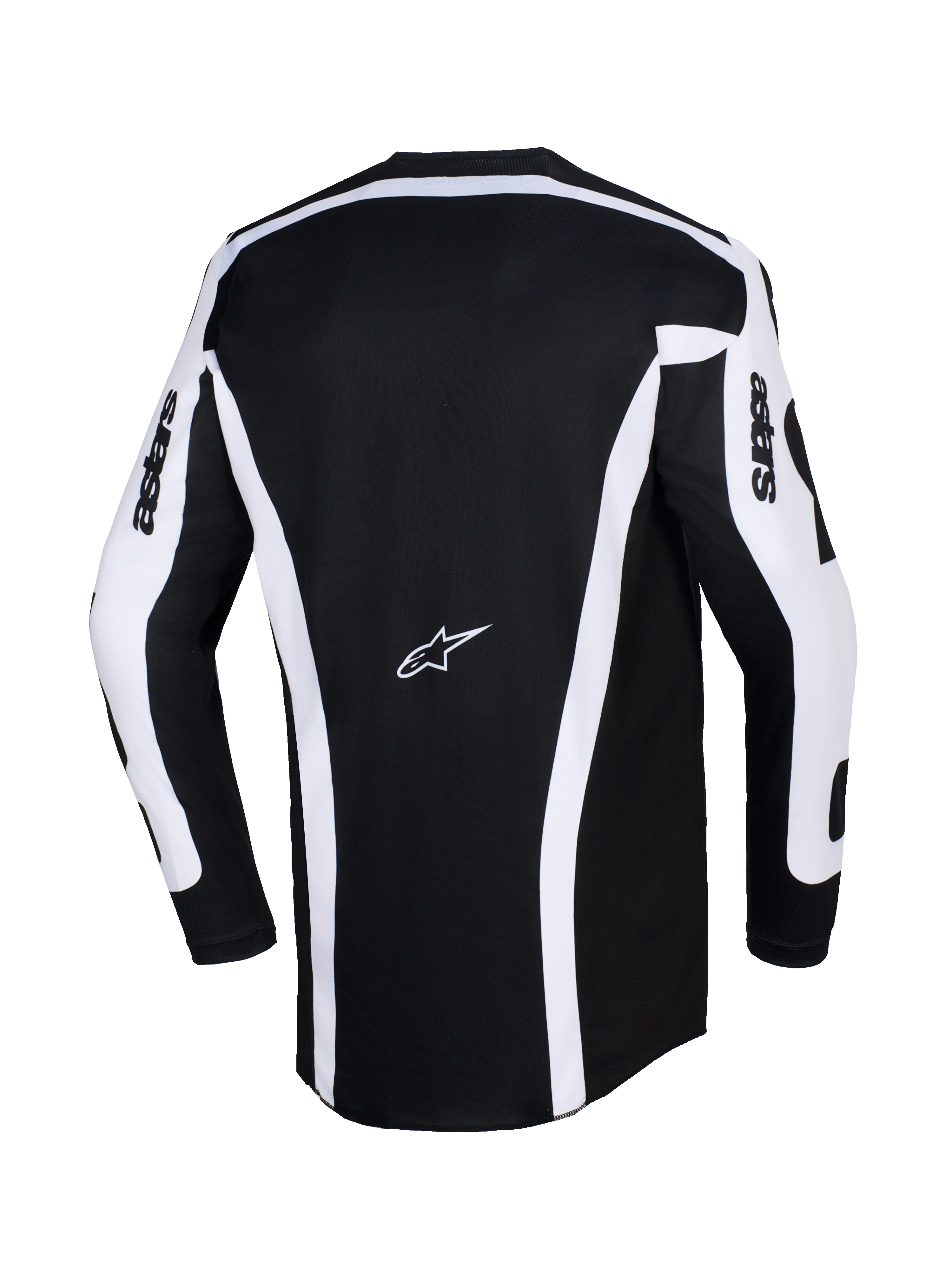Alpinestars 2026 Racer Riway Jersey, Motocross Jersey, White and Black, Rear view showing black chassis with white vertical stripes and sleeve panels, Astars logo in the center back, 'astars' text on sleeves, extended rear cut for off-road riding coverage