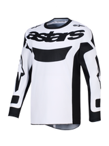 Maillot Alpinestars Racer Riway 2026, maillot de motocross, blanc et noir, avec logo 'astars' noir sur la poitrine, poly-tissu évacuant l'humidité et coupe de course ergonomique pour le pilotage tout-terrain
