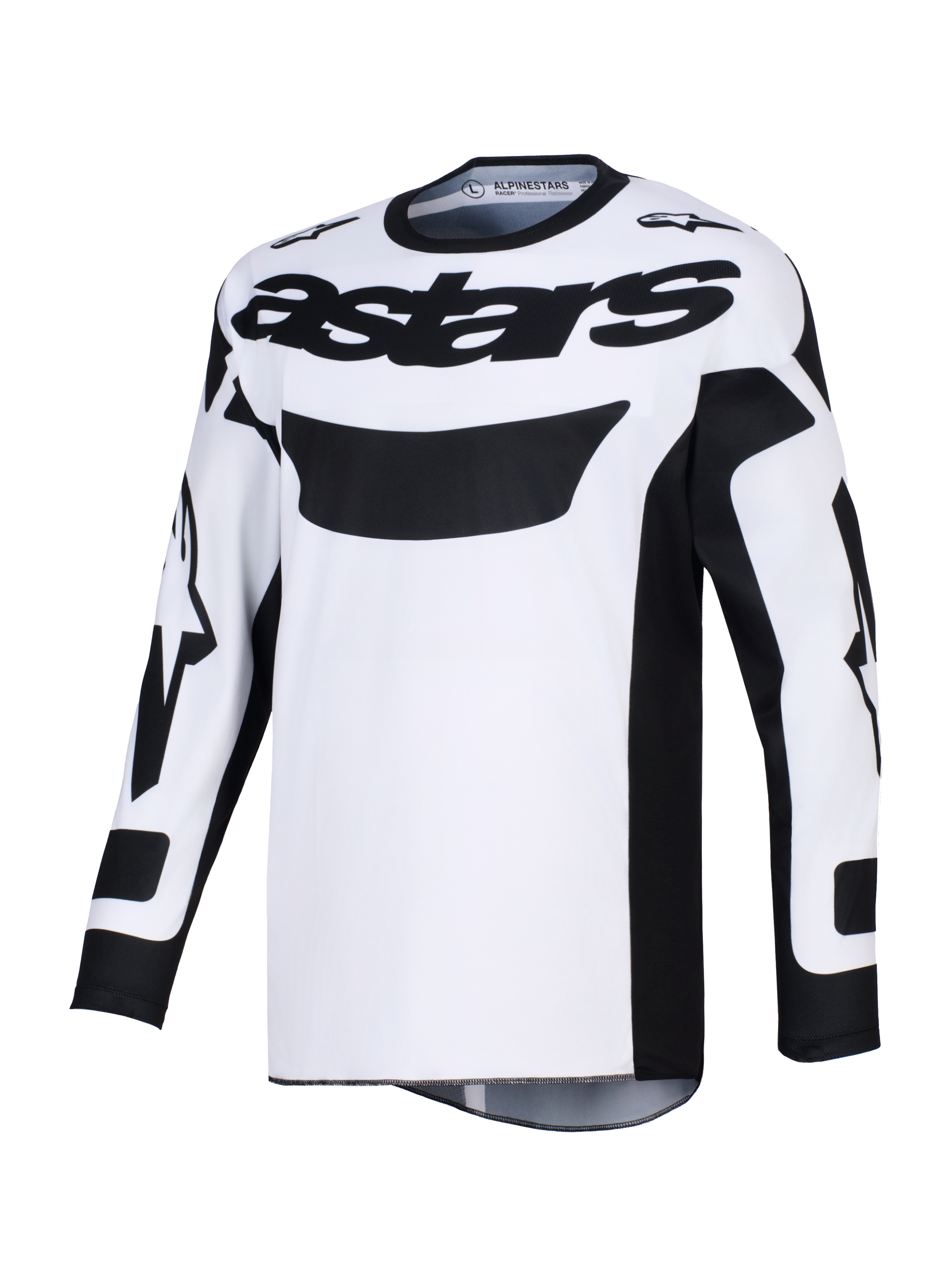 Maillot Alpinestars Racer Riway 2026, maillot de motocross, blanc et noir, avec logo 'astars' noir sur la poitrine, poly-tissu évacuant l'humidité et coupe de course ergonomique pour le pilotage tout-terrain