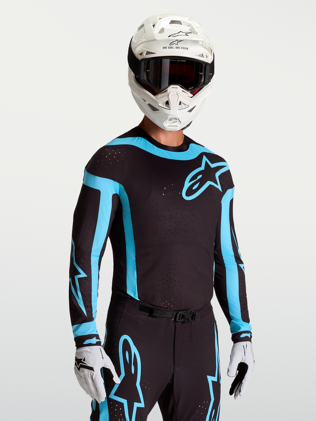 Maillot Alpinestars Supertech Vesta, maillot de motocross pour homme, noir et turquoise, coupe athlétique, perforations laser