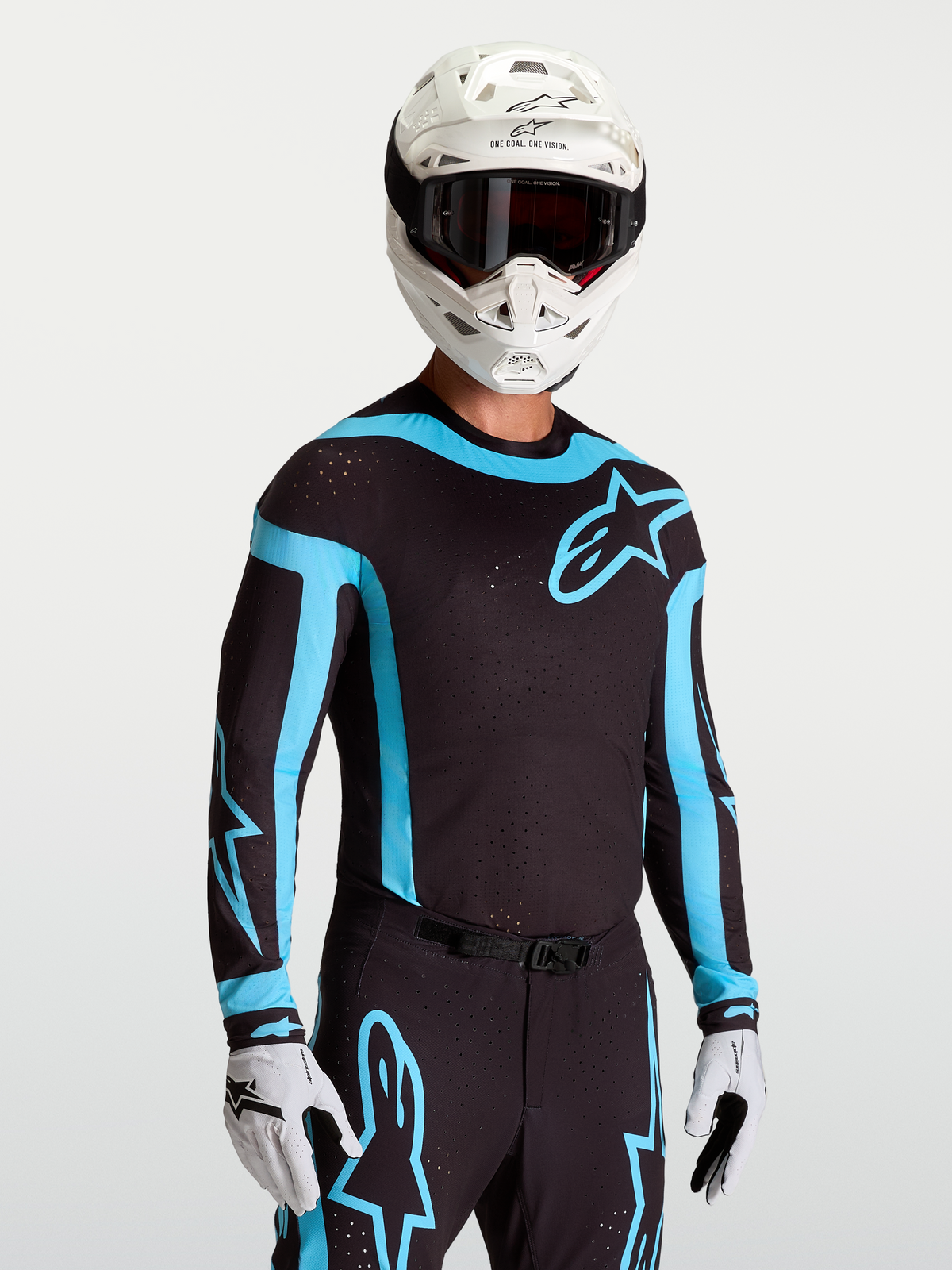 Maillot Alpinestars Supertech Vesta, maillot de motocross pour homme, noir et turquoise, coupe athlétique, perforations laser