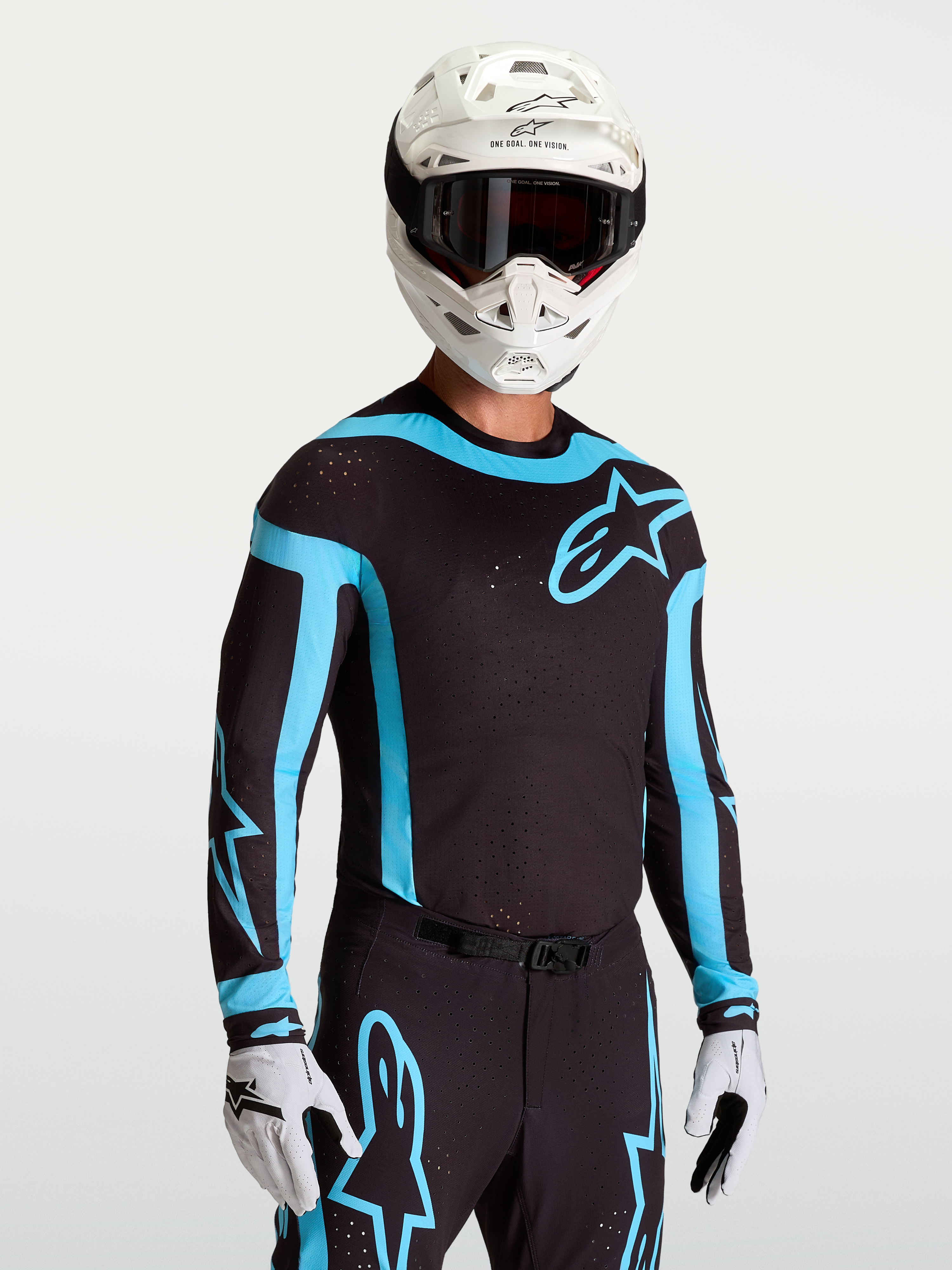 Maillot Alpinestars Supertech Vesta, maillot de motocross pour homme, noir et turquoise, coupe athlétique, perforations laser