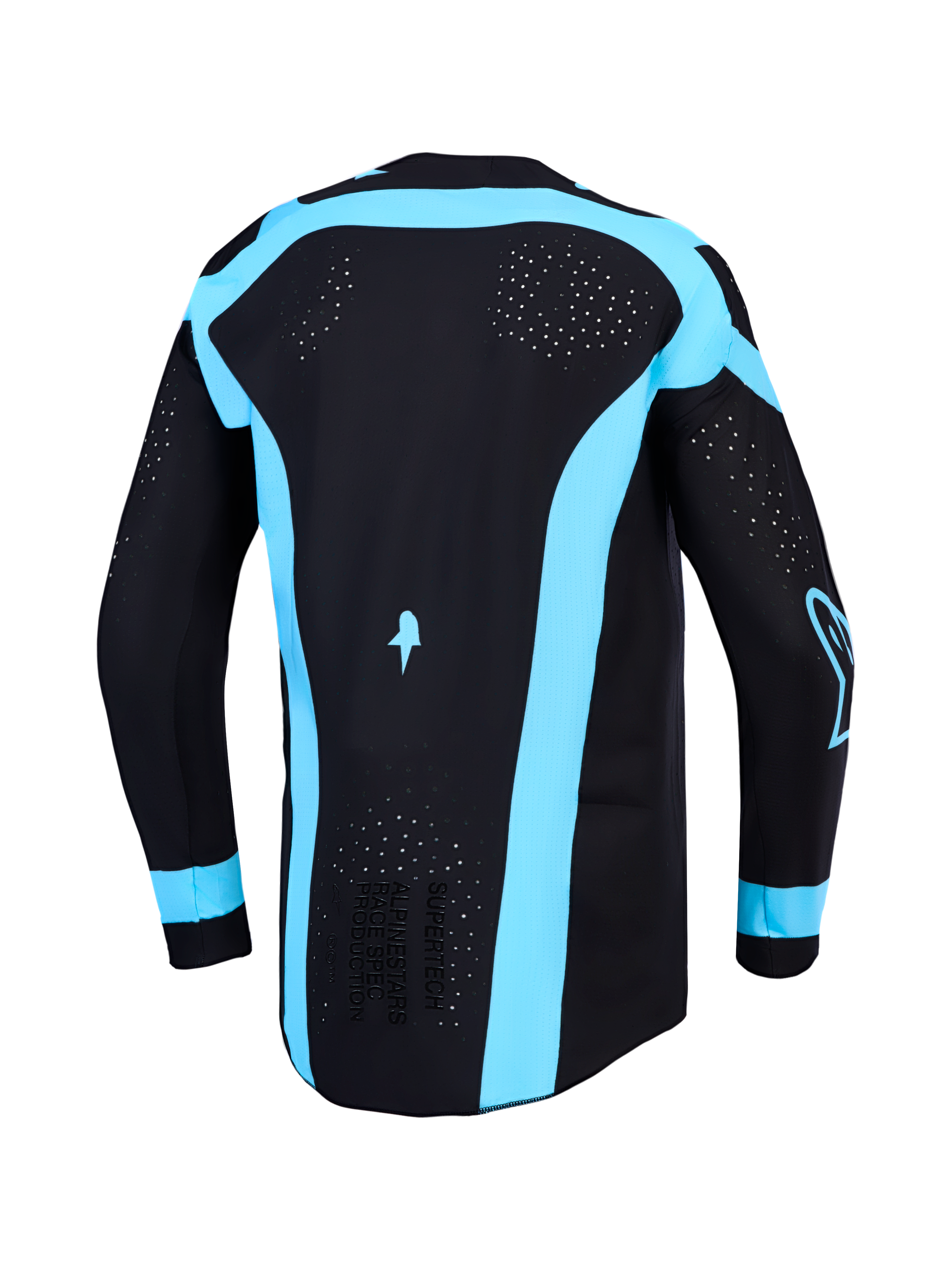 Alpinestars Supertech Vesta, maillot de motocross pour homme, noir et turquoise, avec perforations laser au dos, vue arrière.