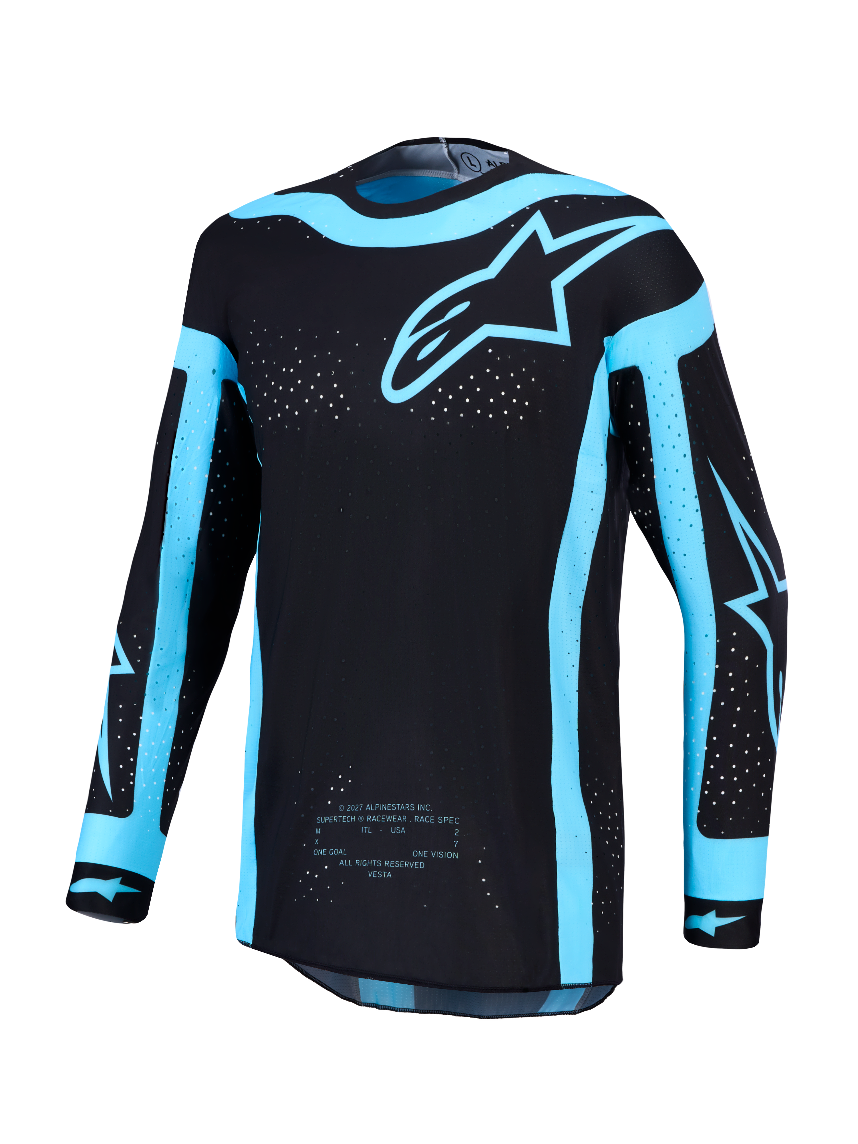 Maillot Alpinestars Supertech Vesta et Supertech Vesta Gear Set, maillot de motocross pour homme, noir et bleu turquoise avec ventilations découpées au laser