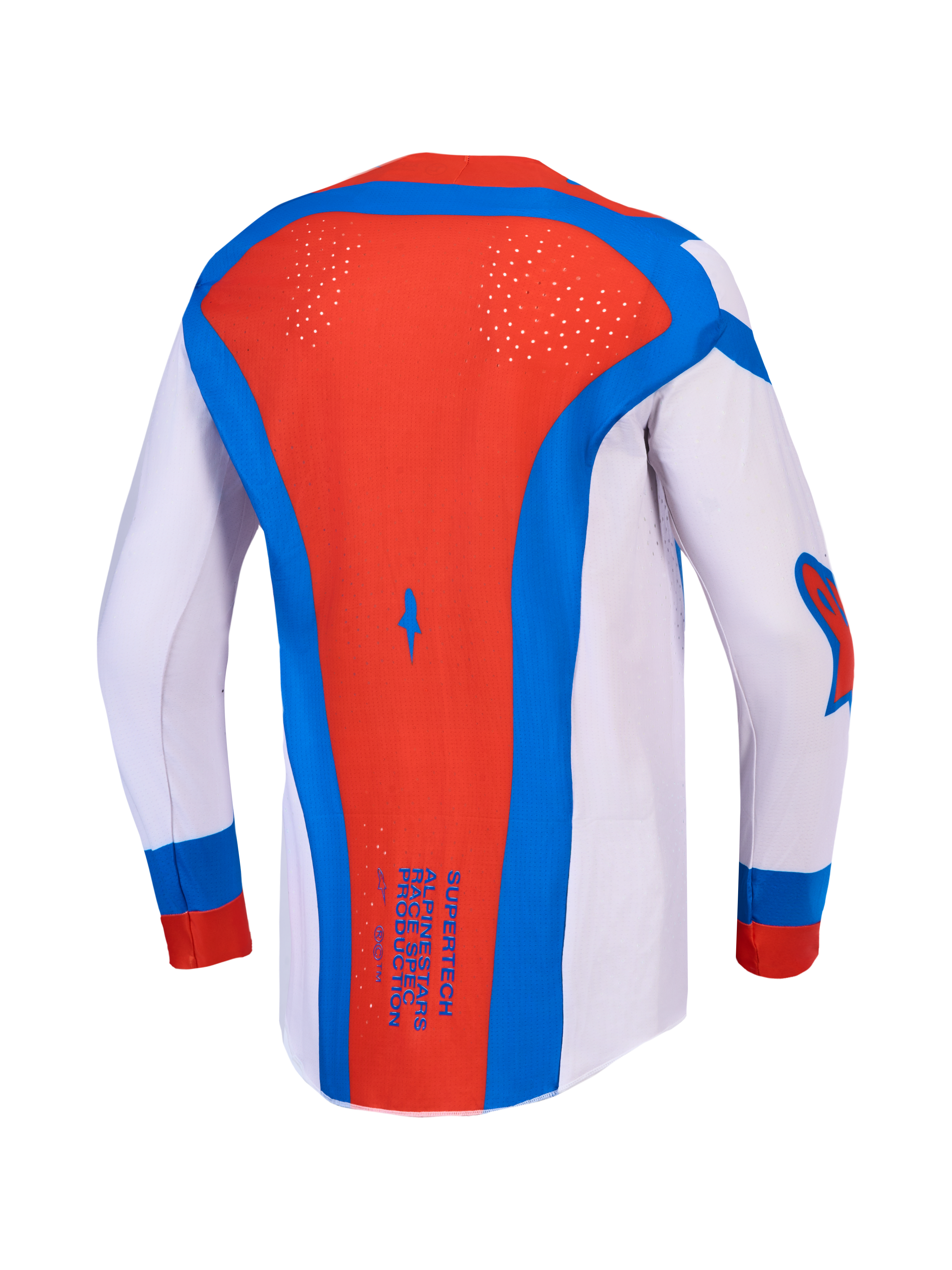 Alpinestars Supertech Vesta, maillot de motocross pour homme, lilas et rouge, ventilations laser, vue de dos.