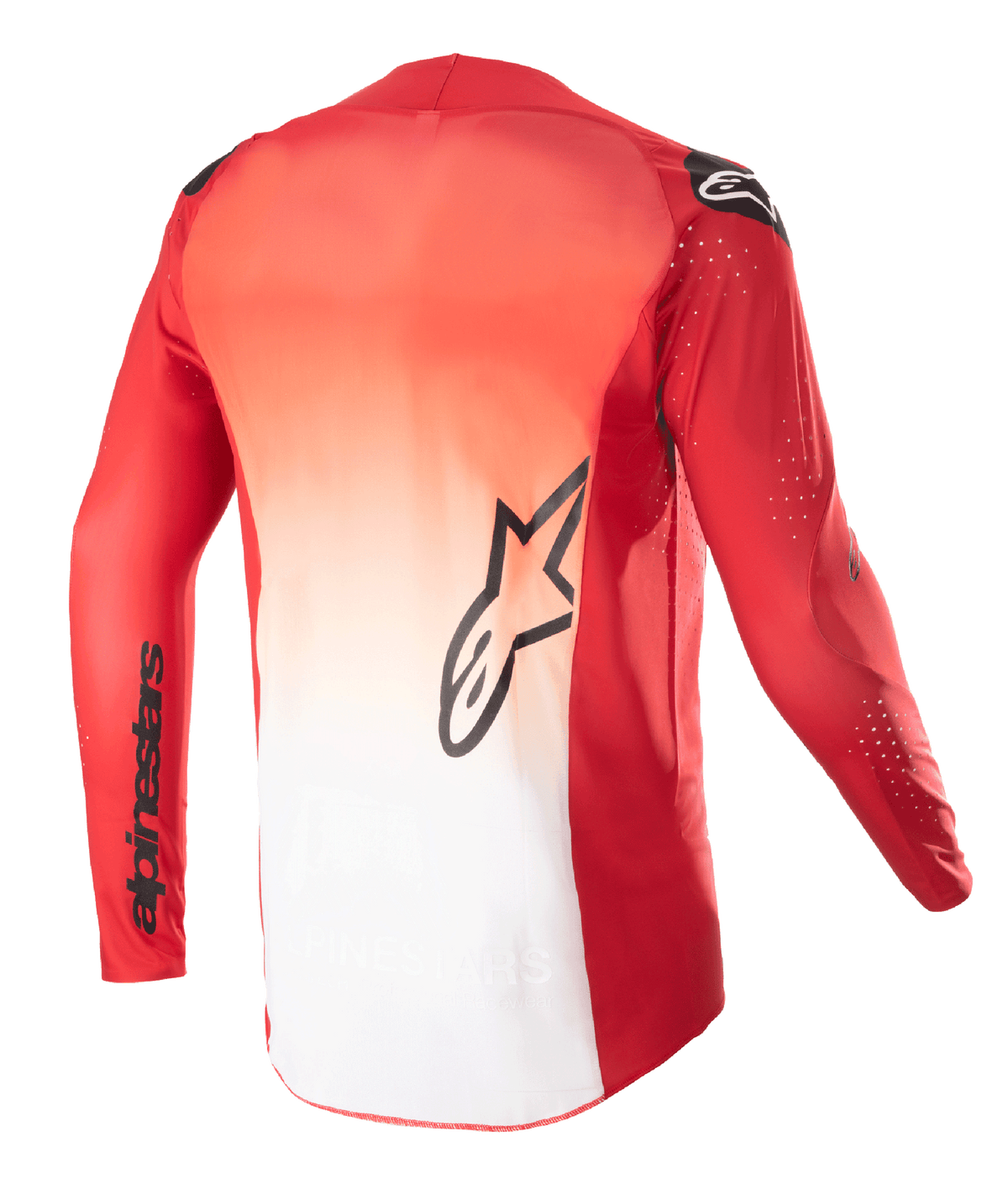 Maillot Alpinestars Supertech Risen 2023, vue de dos, design en dégradé rouge Mars et blanc, avec logo étoile Alpinestars noir au centre du dos et nom de la marque sur la manche, maillot de motocross à manches longues avec perforations laser pour la ventilation.
