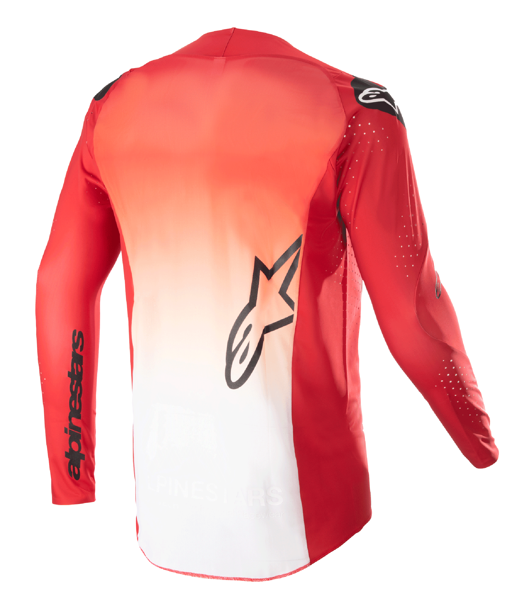 Maillot Alpinestars Supertech Risen 2023, vue de dos, design en dégradé rouge Mars et blanc, avec logo étoile Alpinestars noir au centre du dos et nom de la marque sur la manche, maillot de motocross à manches longues avec perforations laser pour la ventilation.