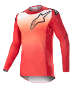 Alpinestars Supertech Risen Jersey 2023, maillot de motocross à manches longues, dégradé rouge Mars et blanc, logo Astars noir sur la poitrine, manches perforées avec points de ventilation blancs, coupe athlétique pour la performance tout-terrain