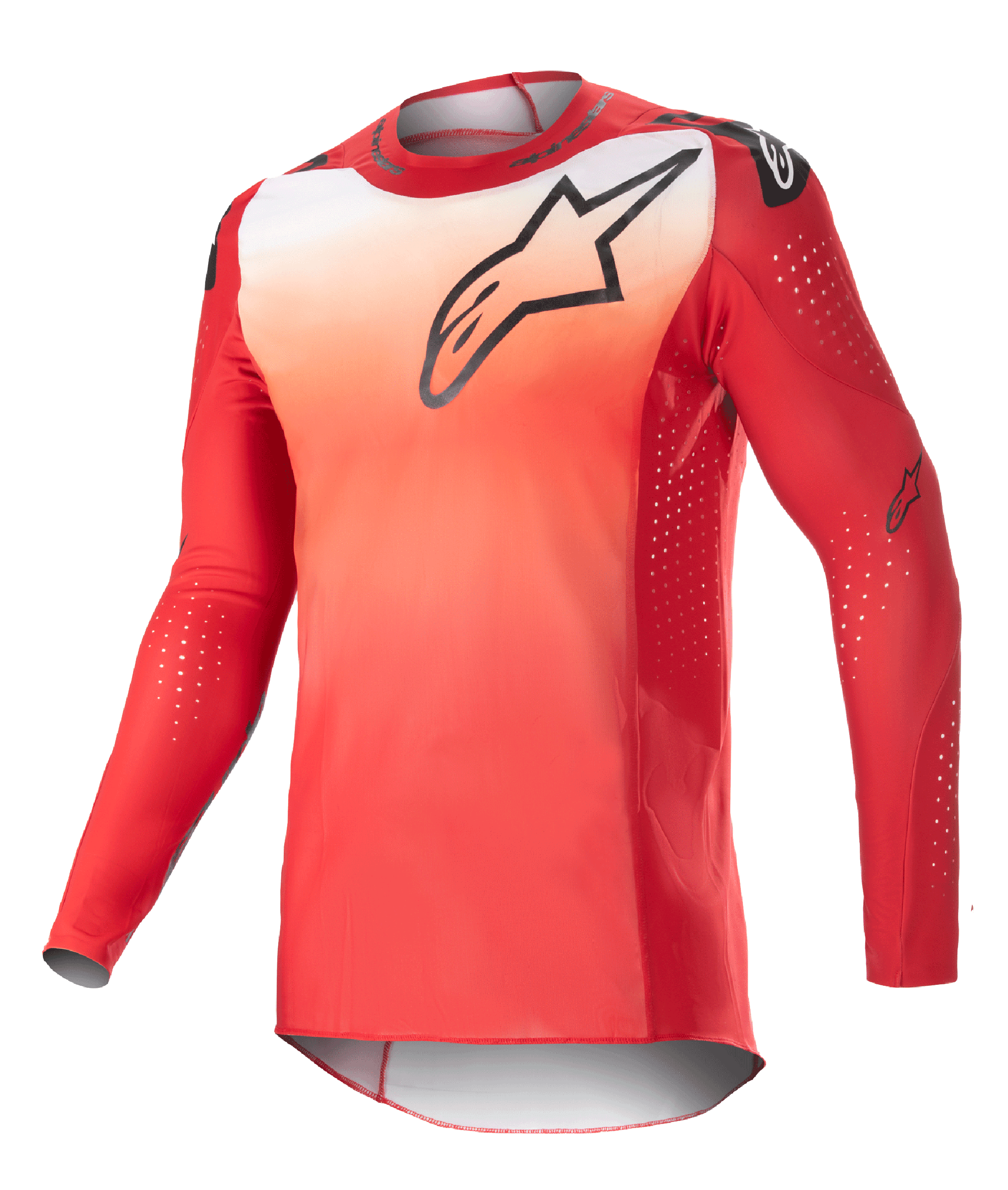 Alpinestars Supertech Risen Jersey 2023, maillot de motocross à manches longues, dégradé rouge Mars et blanc, logo Astars noir sur la poitrine, manches perforées avec points de ventilation blancs, coupe athlétique pour la performance tout-terrain