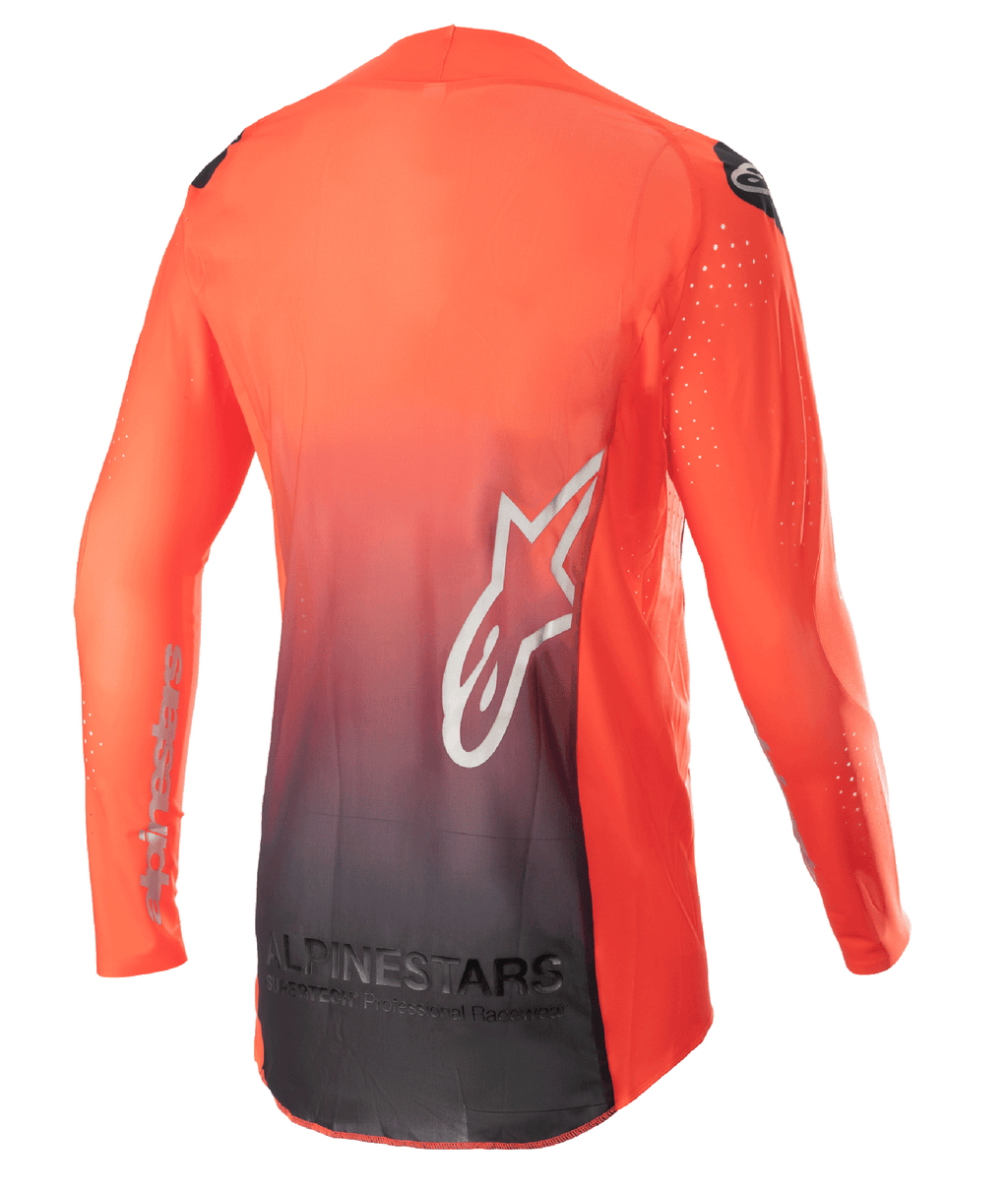 Alpinestars 2023 Supertech Risen Jersey, Motocross Jersey, Hot Orange and Black, back view featuring an orange to black gradient design, large white star logo on the back, and breathable mesh fabric for off-road performance.