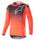Alpinestars 2023 Supertech Risen Jersey, Motocross Jersey, Hot Orange and Black gradient, featuring a large white logo on the chest, laser-cut perforations for airflow, lightweight stretch mesh fabric, performance race fit