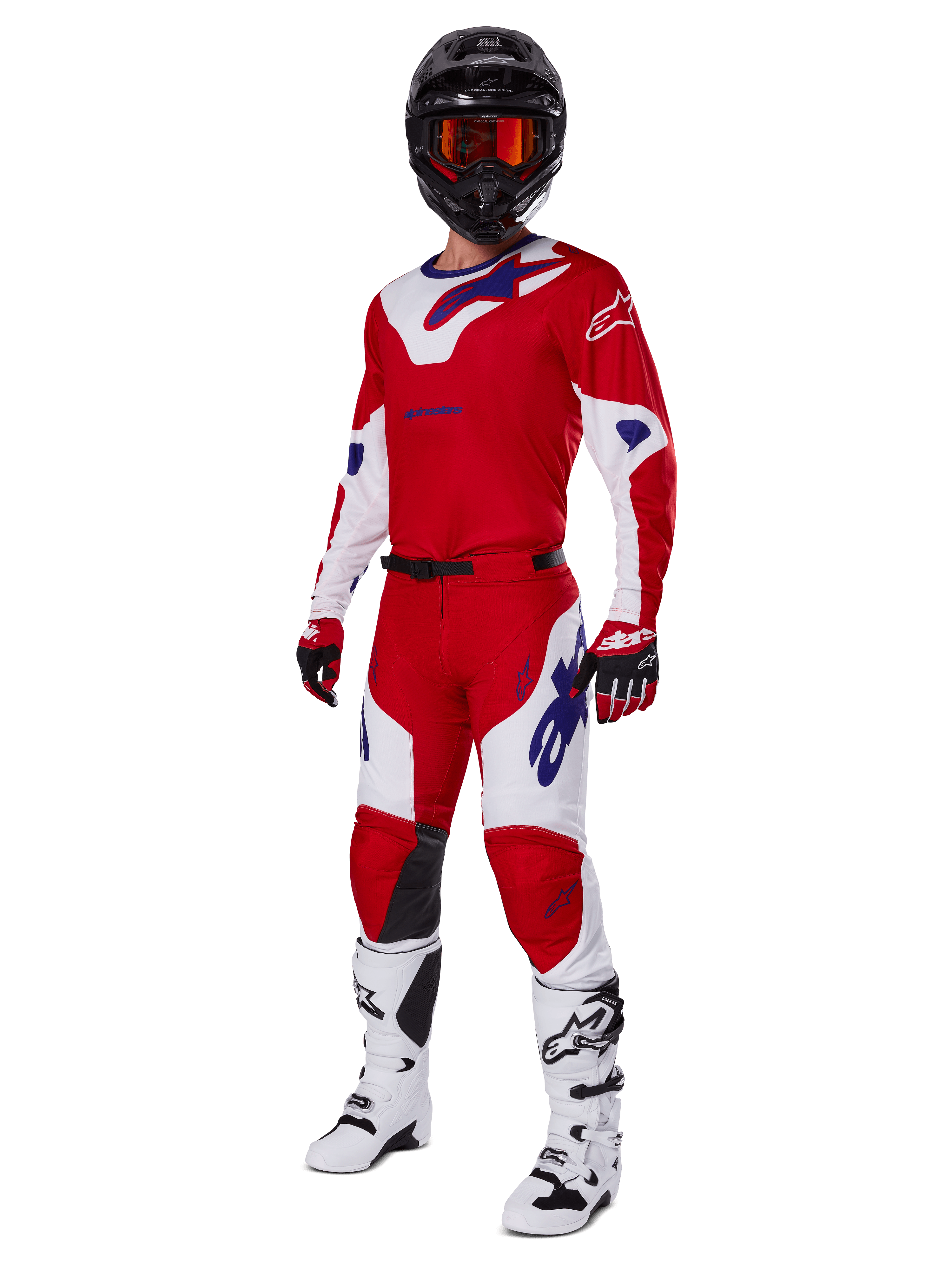 Alpinestars 2025 Racer Veil Gear Set, Motocross racing gear, Bright Red and White with Blue logo accents, worn with a black helmet, red gloves, and white boots, full protective ensemble for off-road performance