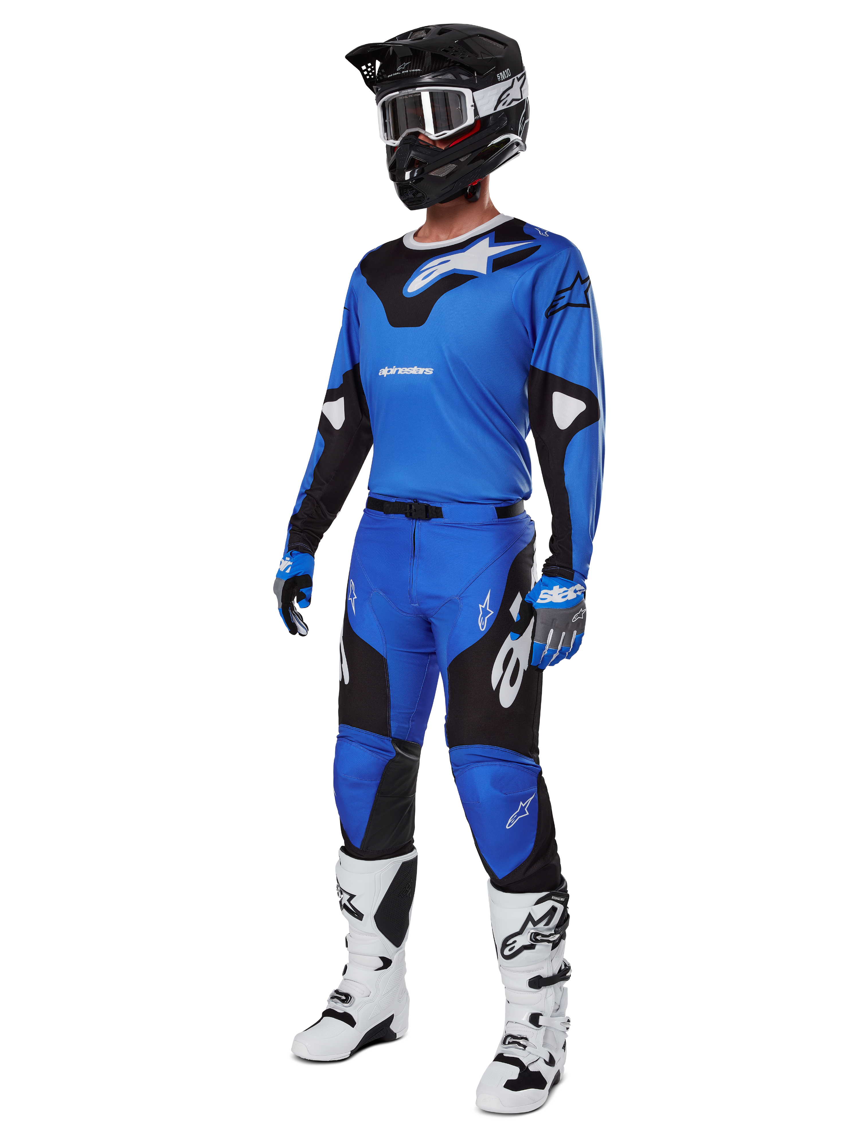 Alpinestars 2025 Racer Veil Gear Set, Blue and Black Motocross Jersey and Pants, complete MX racing outfit with black helmet, white goggles, and white boots, technical off-road gear
