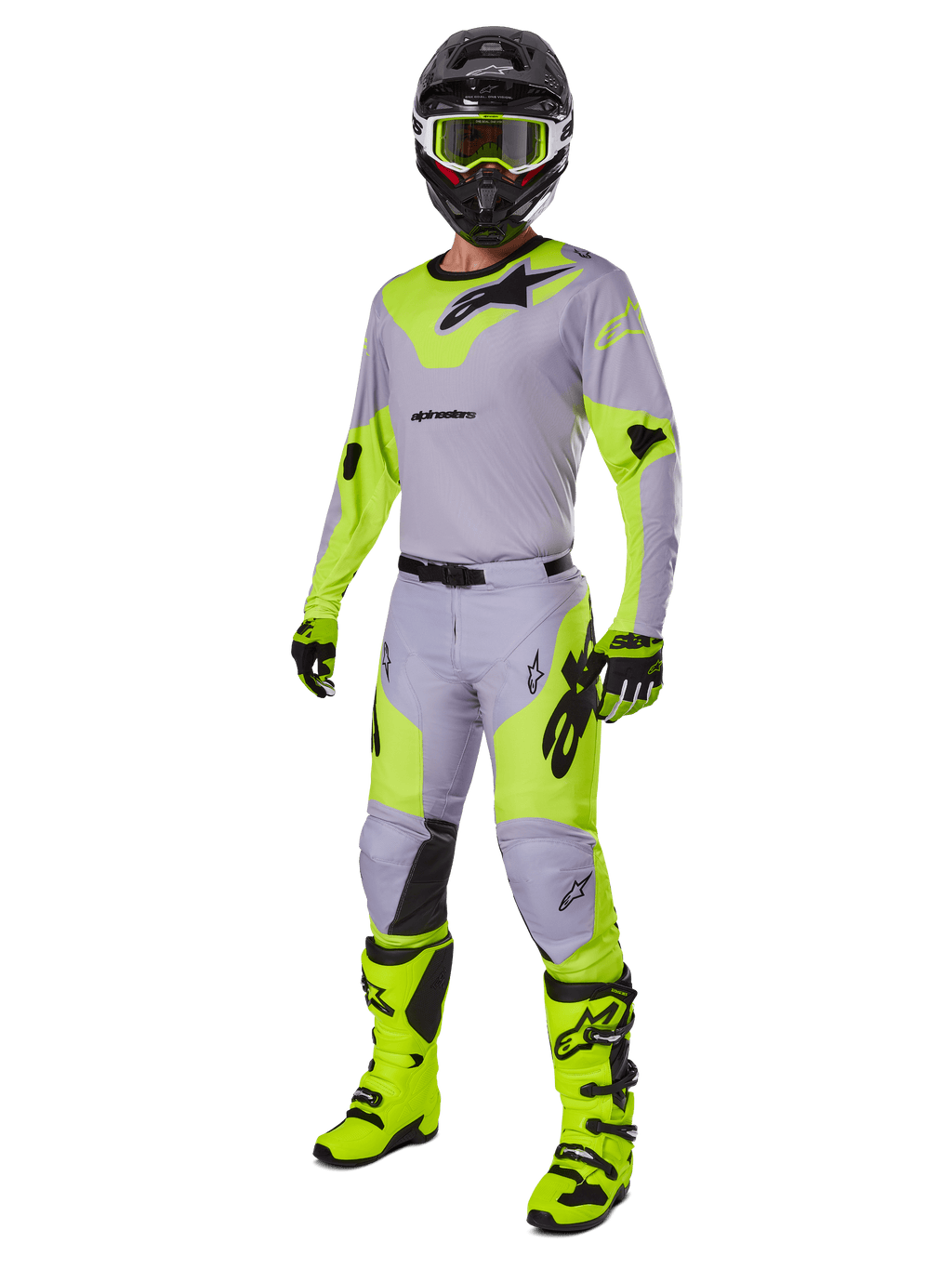 Alpinestars 2025 Racer Veil Gear Set, complete motocross outfit, Gray and Neon Yellow Fluo, featuring jersey, pants, helmet, goggles, gloves, and boots with black accents, professional racing gear for off-road performance.