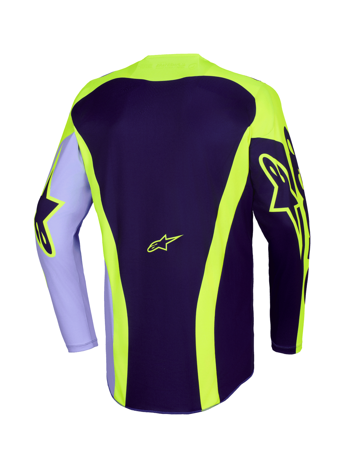Maillot Alpinestars Racer Portl 2026, maillot de motocross, violet et jaune fluo, vue de dos avec logos Astar jaune fluo sur les manches et le dos, bandes incurvées et pan arrière allongé pour la course tout-terrain