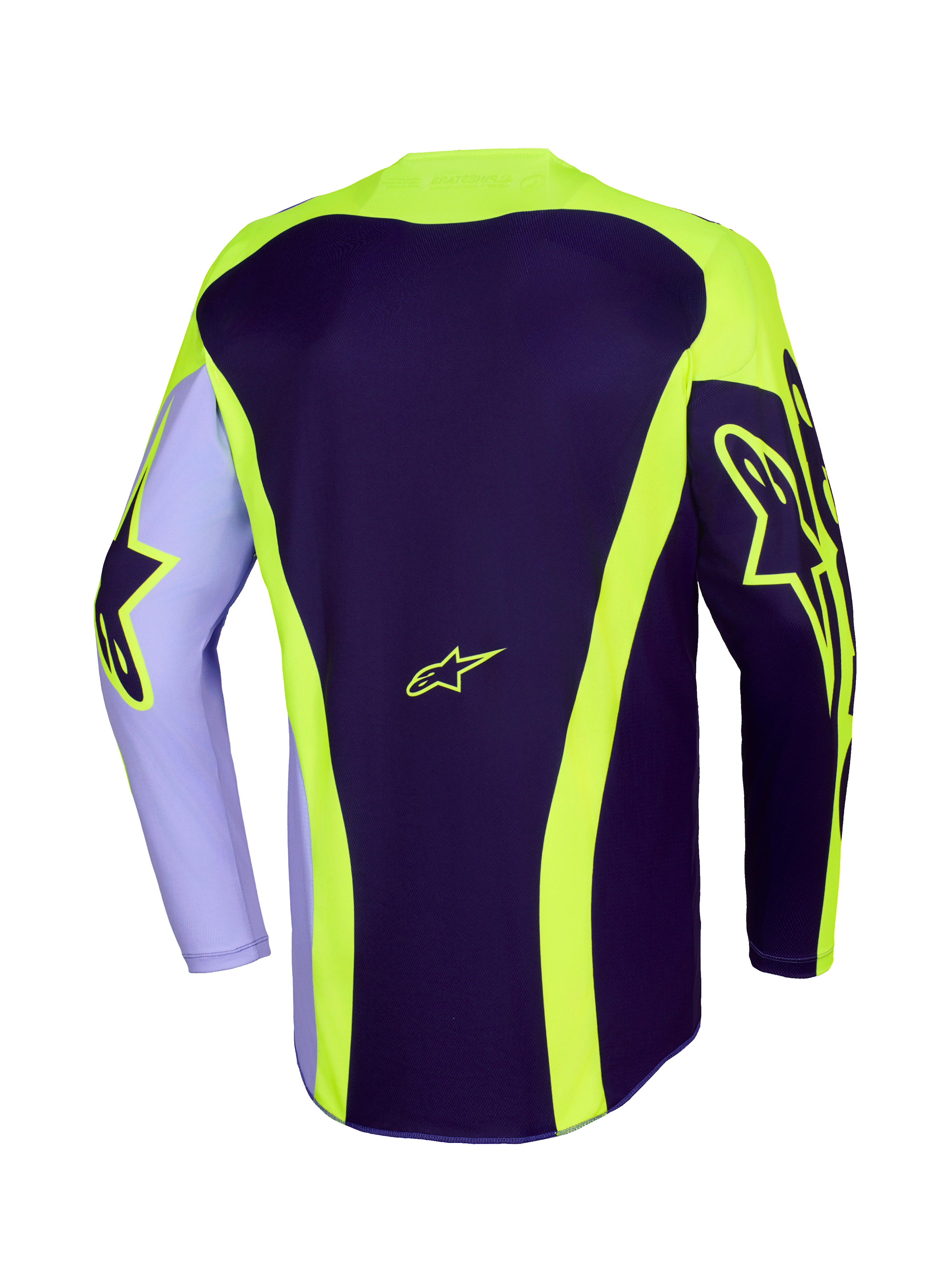 Alpinestars 2026 Racer Portl Jersey, Motocross Jersey, Purple and Yellow Fluo, back view featuring neon yellow Astar logos on sleeves and back, curved stripes, and a longer rear hem for off-road racing.