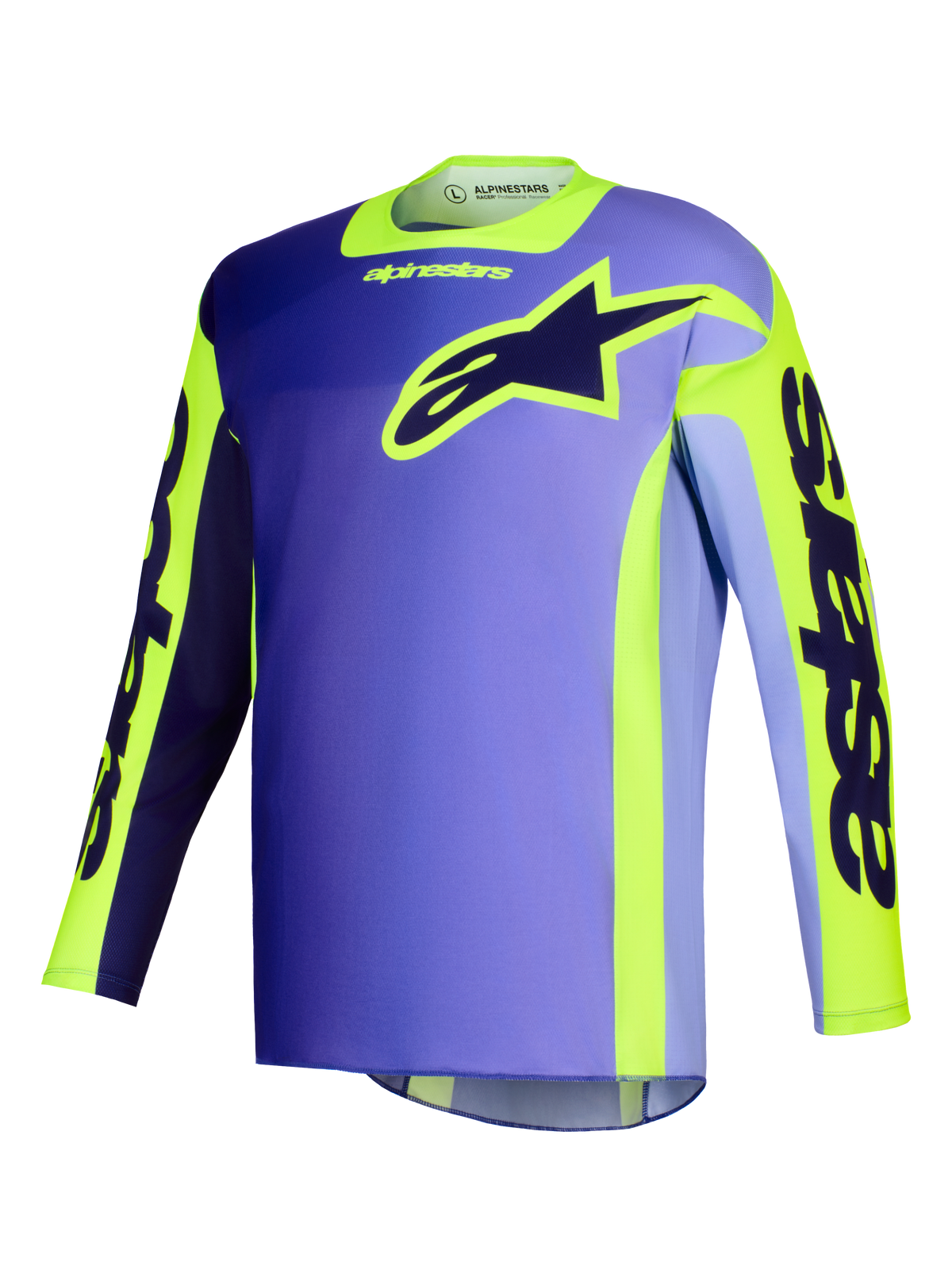 Maillot Alpinestars Racer Portl 2026, maillot de motocross, violet et jaune fluo, doté d'un corps dégradé violet avec des accents jaune vif, d'un grand logo Alpinestars en forme d'étoile sur la poitrine et du marquage « astars » sur les manches.