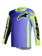 Alpinestars 2026 Racer Portl Jersey, Motocross Jersey, Purple and Yellow Fluo, featuring a gradient purple body with vibrant yellow accents, large Alpinestars star logo on the chest, and 'astars' branding on the sleeves.