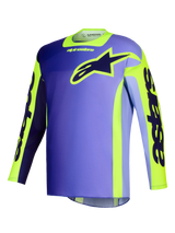 Alpinestars 2026 Racer Portl Jersey, Motocross Jersey, Purple and Yellow Fluo, featuring a gradient purple body with vibrant yellow accents, large Alpinestars star logo on the chest, and 'astars' branding on the sleeves.