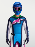 Alpinestars Maillot Techstar Maven, maillot de motocross bleu et vert avec logo Astars rose, coupe athlétique de course.