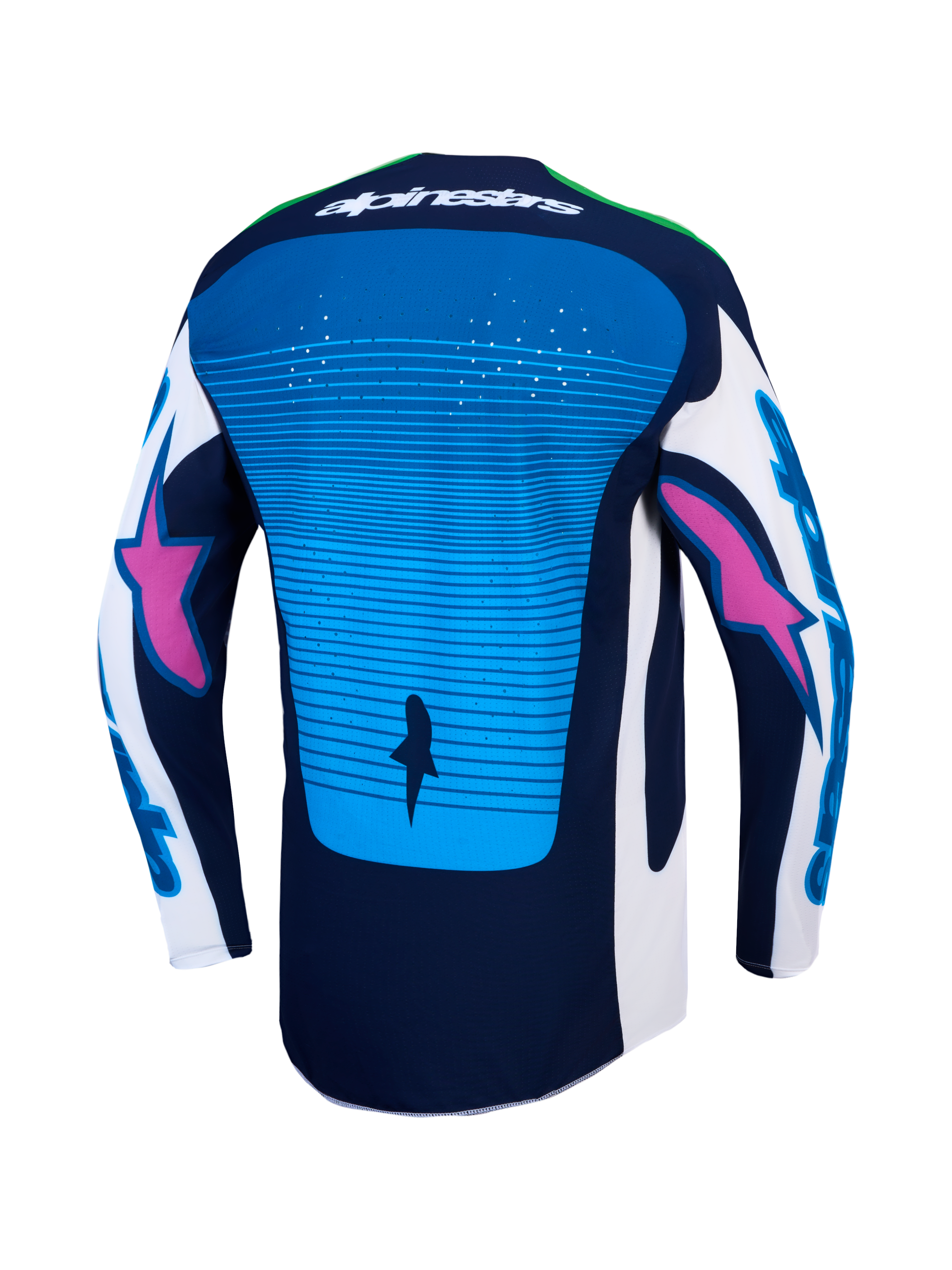 Alpinestars Techstar Maven, maillot motocross homme, bleu et marine, vue arrière avec perforations laser et dos allongé.