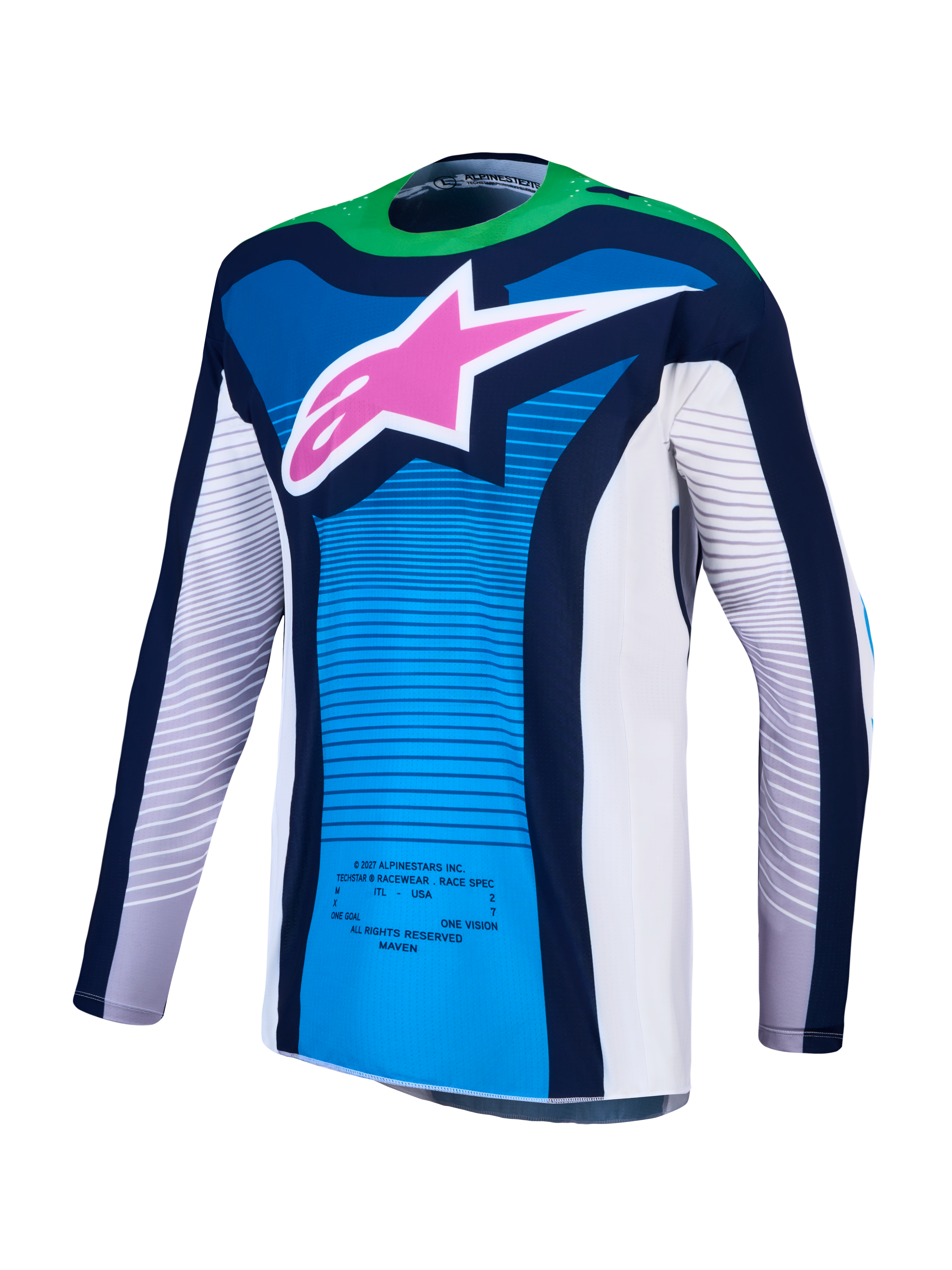 Maillot Techstar Maven Alpinestars et Techstar Maven Gear Set 2027, maillot de motocross bleu et vert fluo avec logo étoile rose, coupe athlétique haute performance