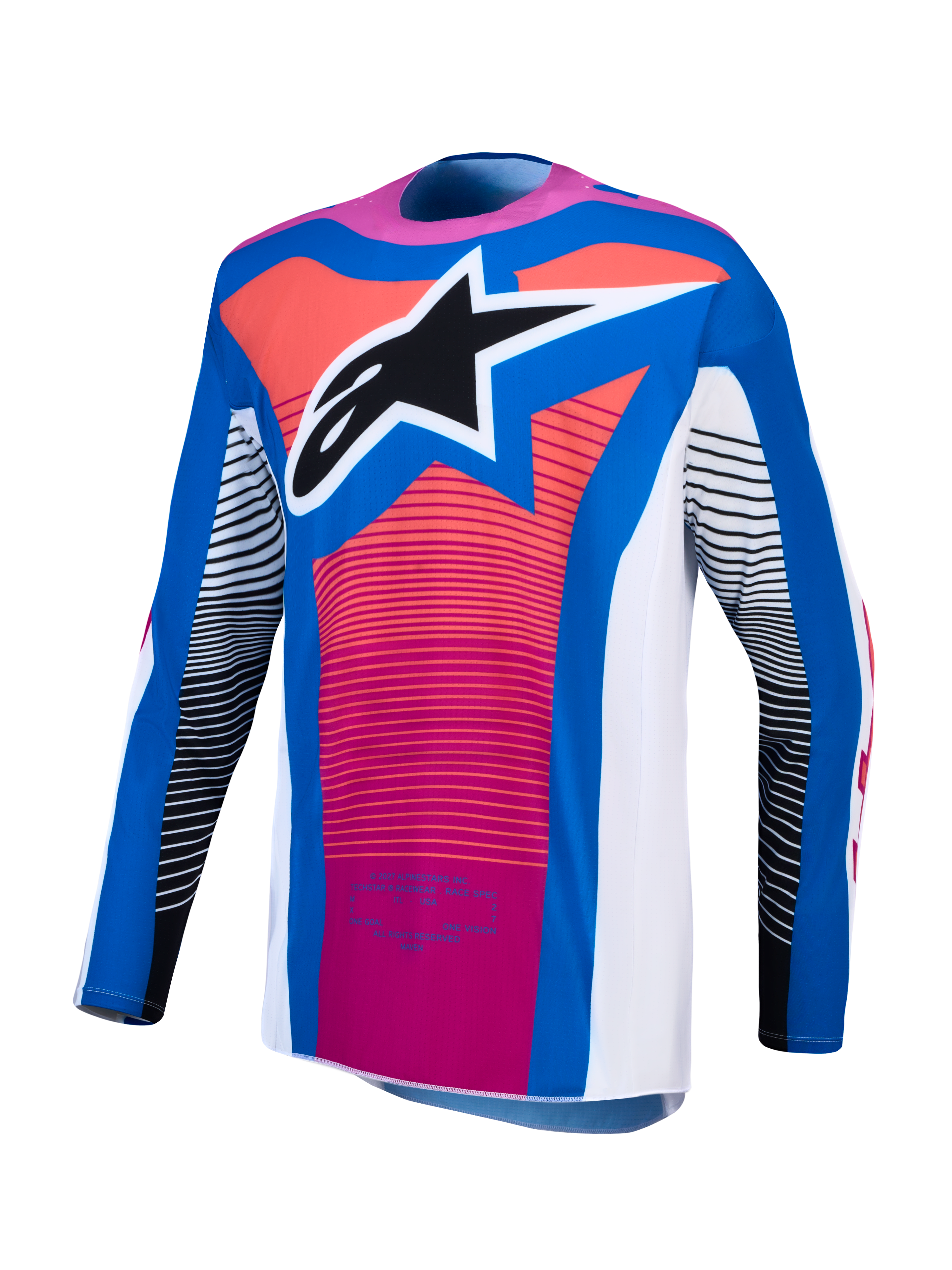 Alpinestars Techstar Maven Jersey, blue and pink performance motocross racing top with an athletic fit and star logo.