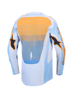 Alpinestars Maillot Techstar Maven, maillot de motocross racing pour homme, bleu et orange, vue de dos montrant le panneau arrière avec dos allongé et perforations laser.