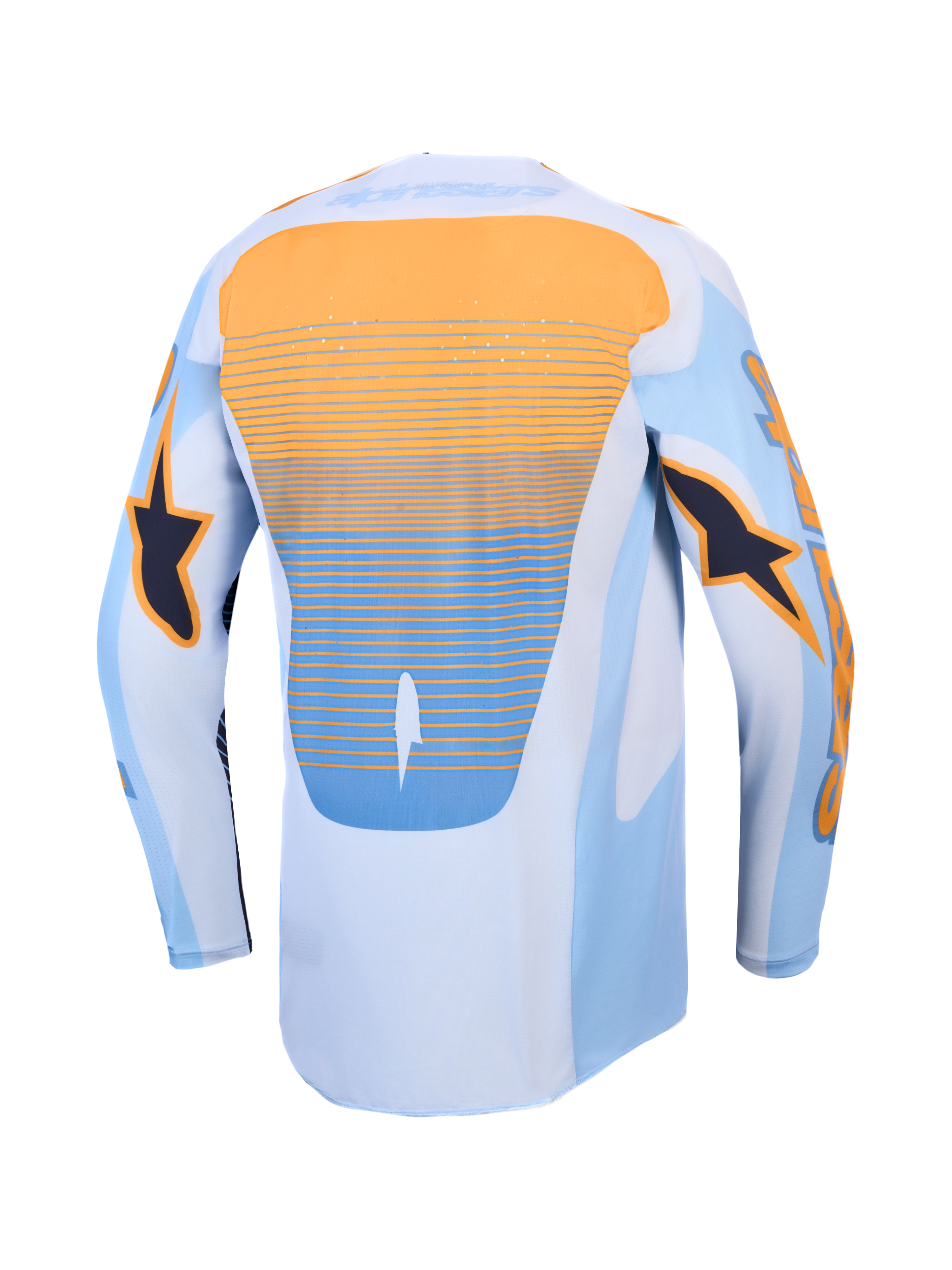 Alpinestars Maillot Techstar Maven, maillot de motocross racing pour homme, bleu et orange, vue de dos montrant le panneau arrière avec dos allongé et perforations laser.