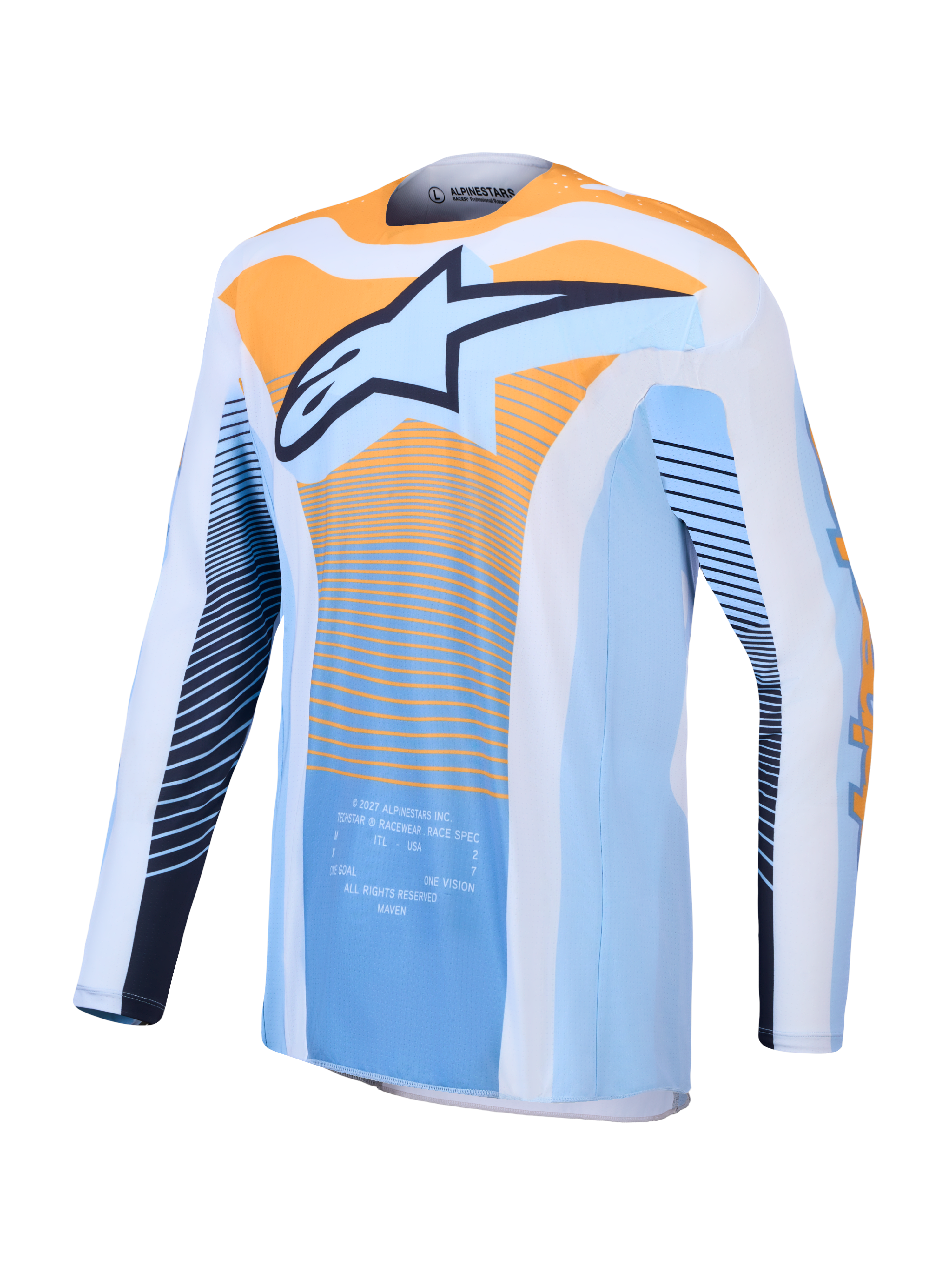 Alpinestars Techstar Maven, maillot de motocross pour homme bleu et orange, tissu respirant et coupe athlétique.