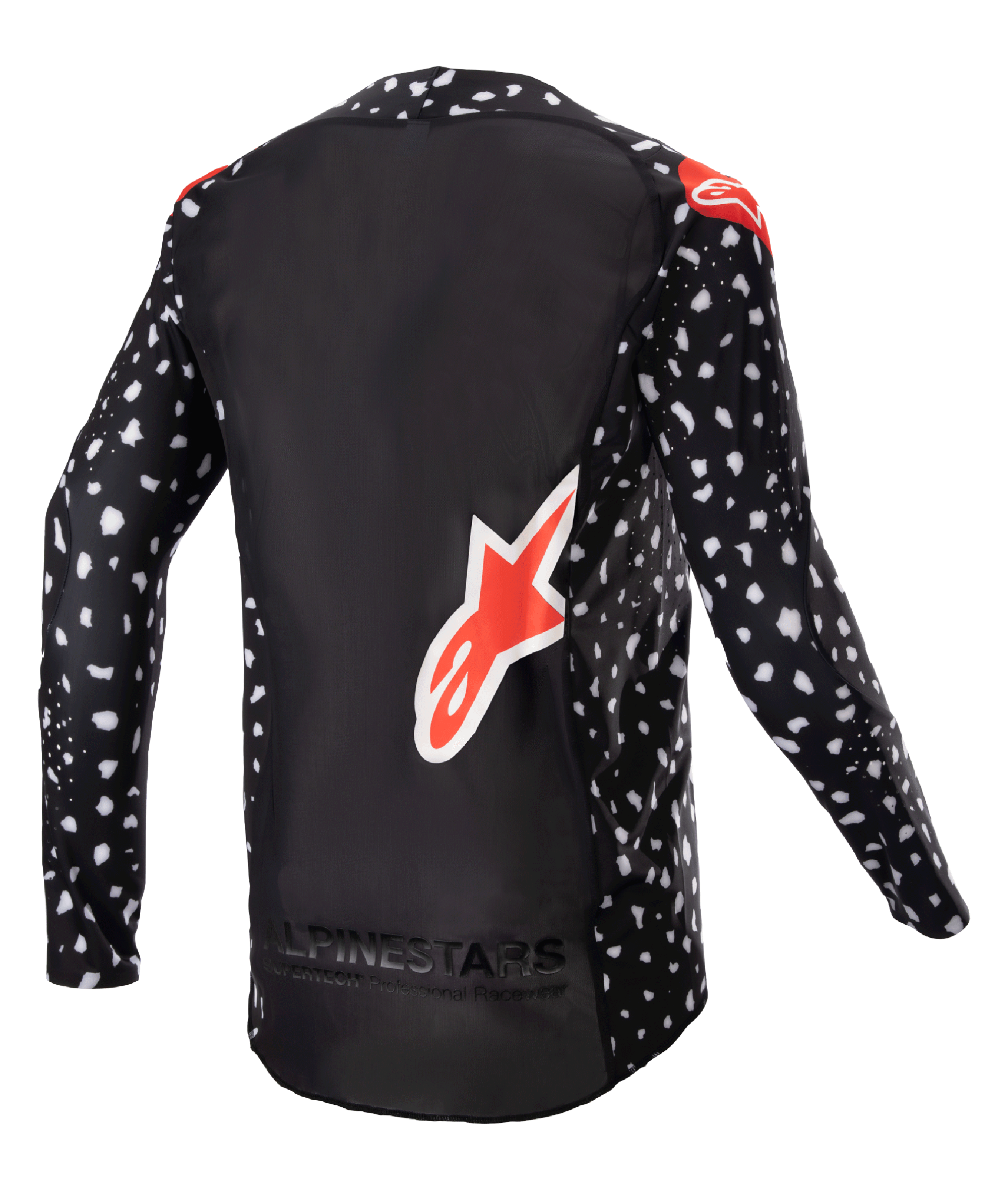 Alpinestars Maillot Supertech North 2023, maillot de motocross, noir avec motif moucheté blanc et accents rouge néon, vue de dos avec grand logo Alpinestars rouge et marquage au bas, équipement de course tout-terrain professionnel
