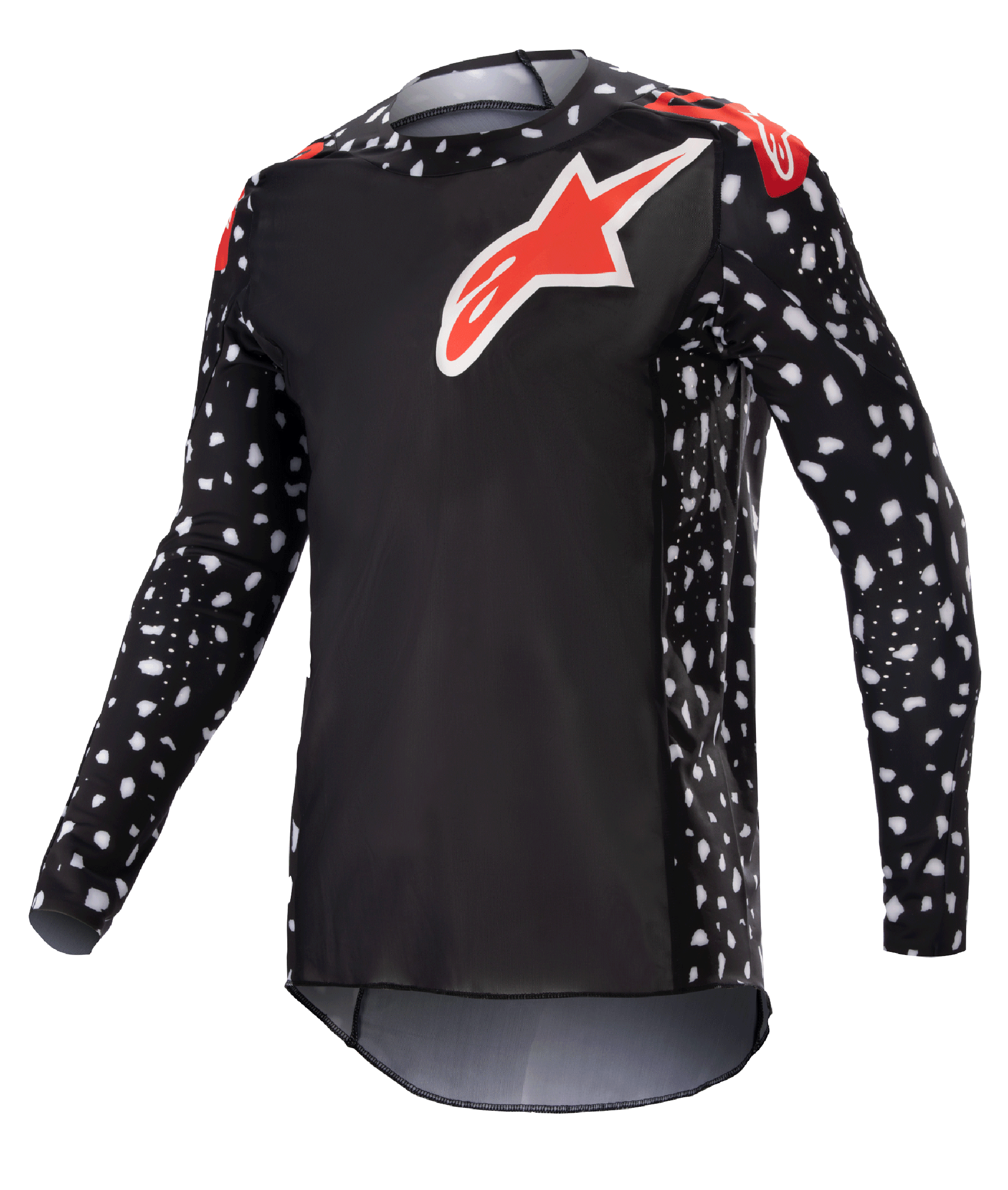Alpinestars 2023 Supertech North Jersey, maillot de motocross, noir et rouge néon, manches longues avec motif moucheté blanc, logos étoiles rouges et blancs sur la poitrine et les épaules, maille performance légère avec coupe athlétique