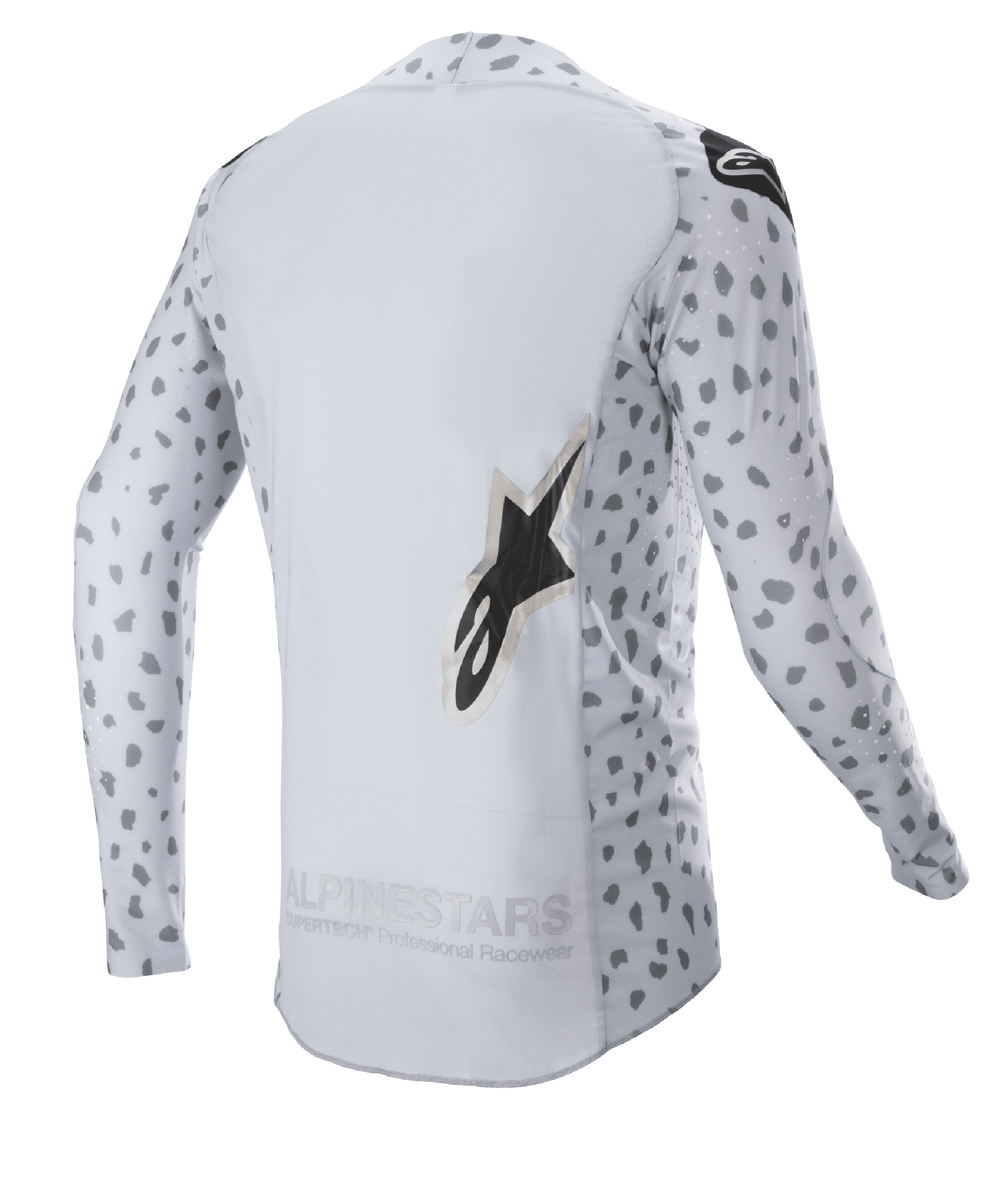 Alpinestars 2023 Supertech North Jersey, maillot de motocross, Haze Gray et noir, vue arrière avec motif tacheté abstrait sur les manches et les côtés, grand logo en étoile, panneau arrière allongé et conception technique respirante
