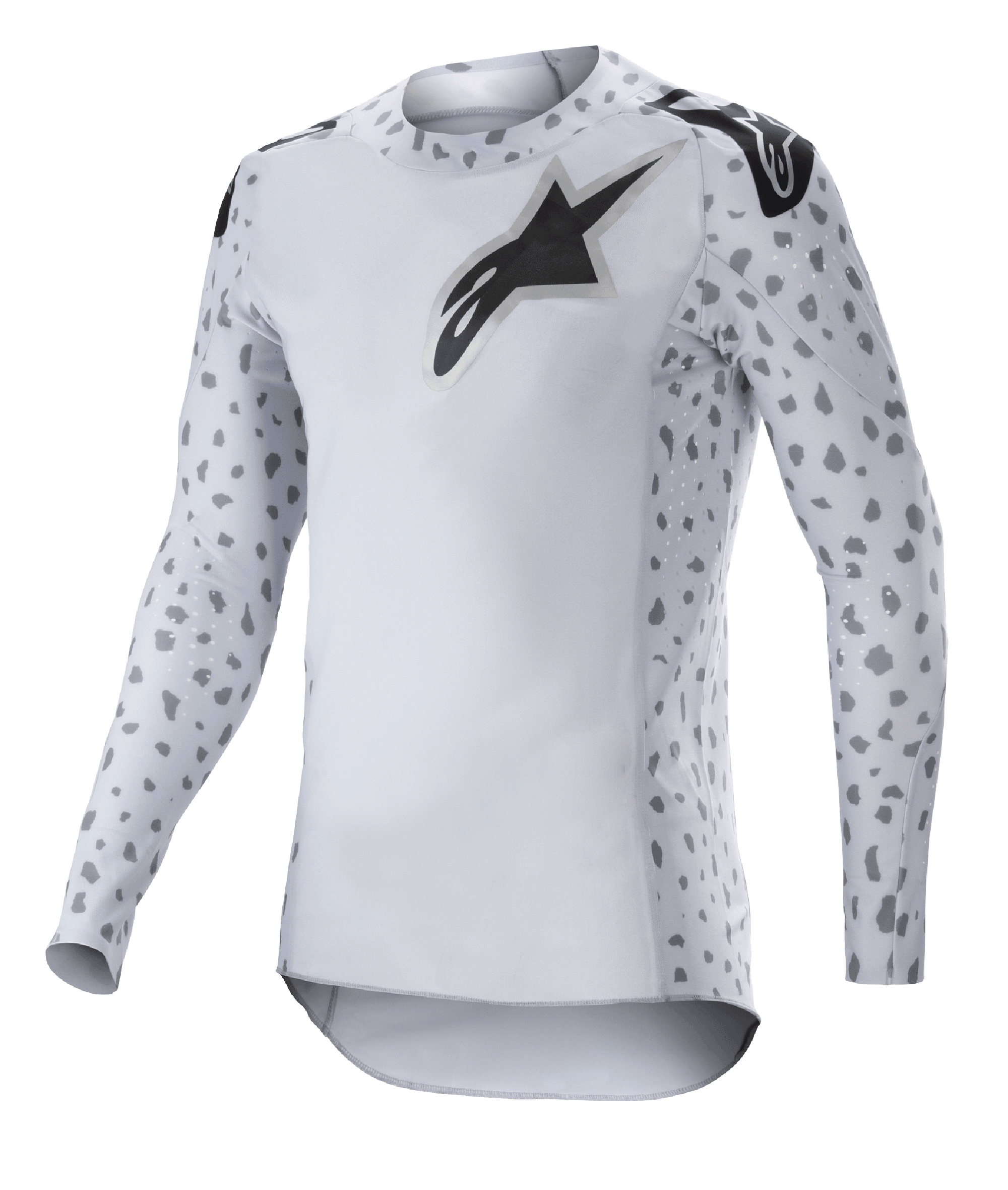Alpinestars Supertech North Jersey 2023, maillot de motocross, gris brume et noir, maillot à manches longues blanc avec motifs tachetés gris sur les manches et les côtés, logo étoile noir sur la poitrine et les épaules, maille extensible haute performance avec ourlet courbé
