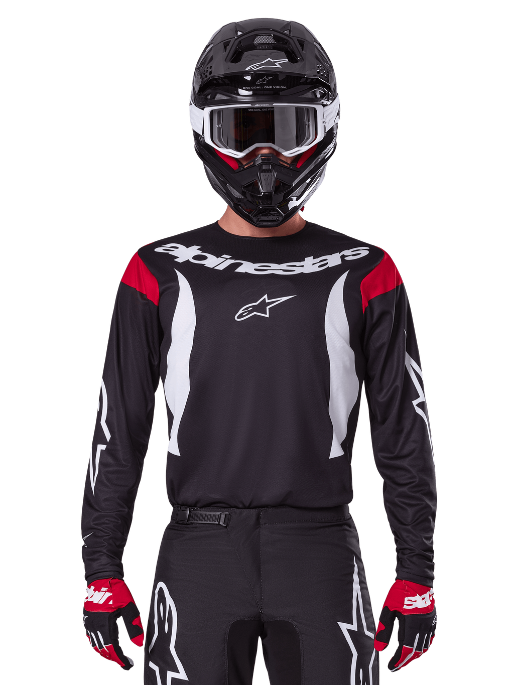Alpinestars Maillot Fluid Haul 2025 et Tenue Complète, équipement de motocross pour homme, noir et blanc avec accents rouges, coupe ergonomique tout-terrain