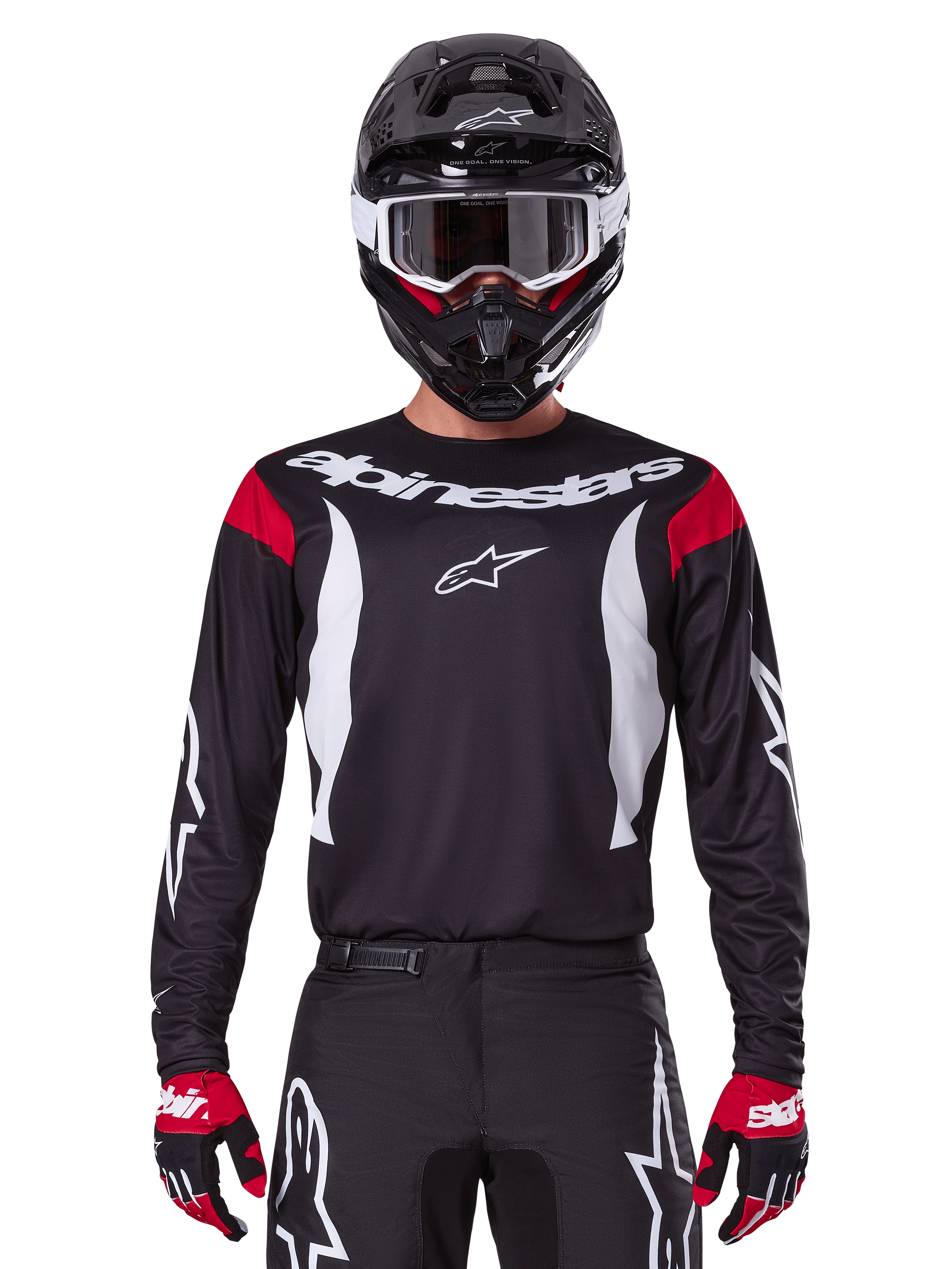 Alpinestars Maillot Fluid Haul 2025 et Tenue Complète, équipement de motocross pour homme, noir et blanc avec accents rouges, coupe ergonomique tout-terrain