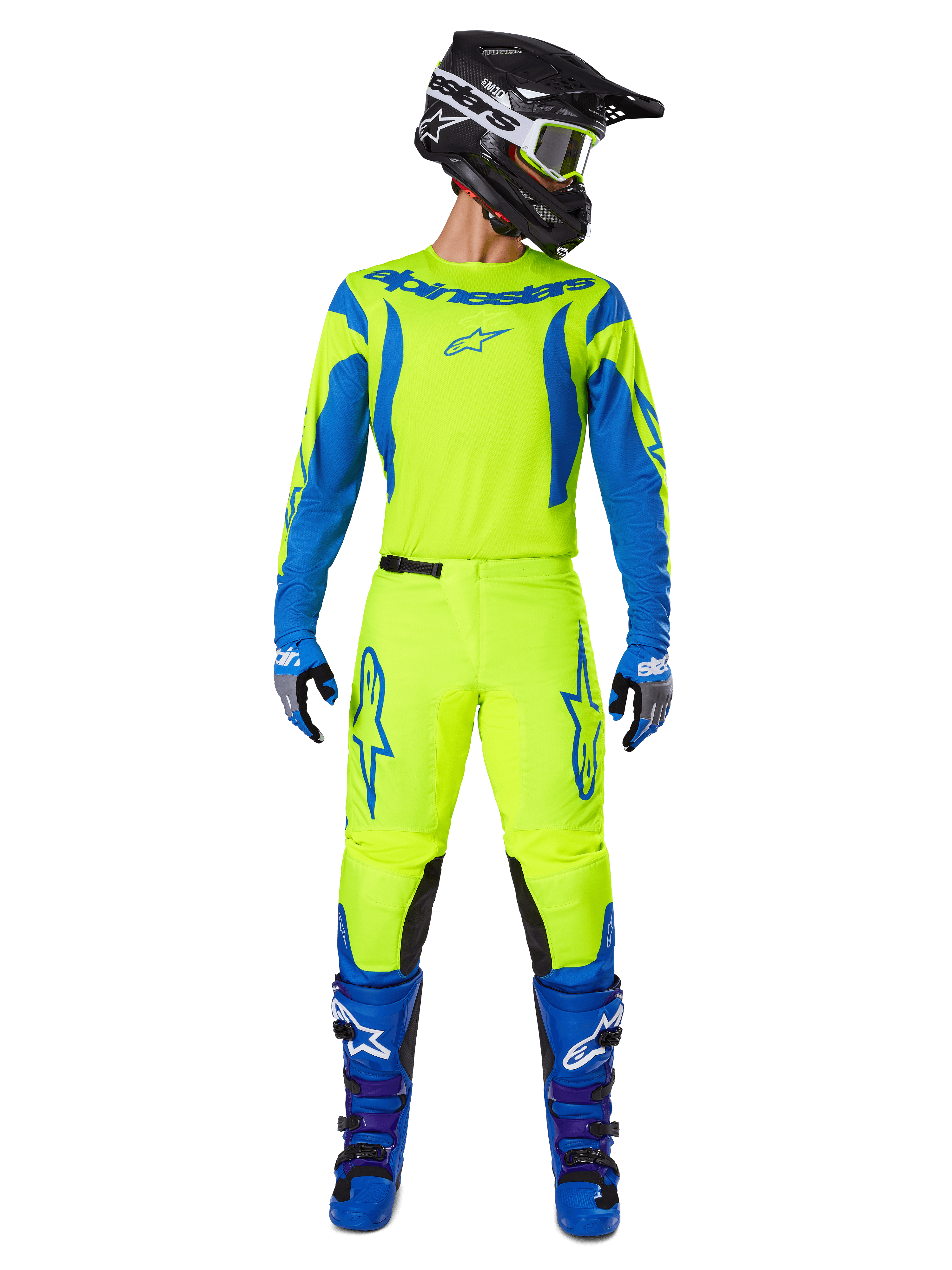 Alpinestars 2025 Fluid Haul Gear Set, Motocross Jersey and Pants, Yellow Fluo and Blue, worn with matching blue boots and a black helmet, featuring bold Astars logos and an athletic ergonomic cut for off-road racing.